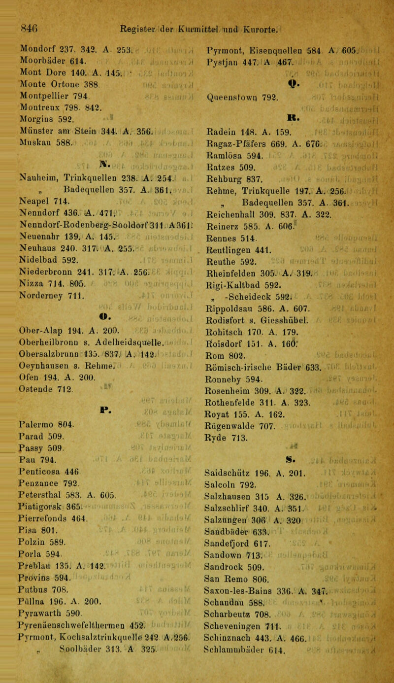 Mondorf 237. 342. A. 253. Moorbäder 614. Mont Dore 140. A. 145. r Monte Ortone 388 Montpellier 794 Montreux 798. 842. Morgins 592. Münster am Stein 344. A. 356. Muskau 588. Nauheim, Trinkquellen 238. A. 254. „ Badequellen 357. A. 361. Neapel 714. Nenndorf 436. A. 471. Nenndorf-Rodenberg-Sooldorf 311. A 361. Neuenahr 139. A. 145. Neuhaus 240. 317. A. 255. Nidelbad 592. Niederbronn 241. 317. A. 256. Nizza 714. 805. Norderney 711. o. Ober-Alap 194. A. 200. Oberheilbronu s. Adelheidsquelle. Obersalzbrunn 135. 837. A. 142. Oeynhausen s. Relnne. Ofen 194. A. 200. Ostende 712. P. Palermo 804. Farad 509. Passy 509. Pau 794. Penticosa 446 Penzance 792. Petersthal 583. A. 605. Piatigorsk 365. Pierrefonds 464. Pisa 801. Polzin 589. Porla 594. Preblan 135. A. 142. Provins 594. Putbus 708. Püllna 196. A. 200. Pyrawarth 590. Pyrenäenschwefelthermen 452. Pyrmont, Rochsalztrinkquelle 242 A.256. Sonlbäder 313. A 325. Pyrmont, Eisenquellen 584 A 605. Pystjan 447. A 467. «• Queensfowq 792. H. Radein 148. A. 159. Ragaz-Pfäfers 669. A. 676. Ramlosa 594. Ratzes 509. Rehburg 837. Rehme, Trinkquelle 197. A. 256. „ Badequellen 357. A. 361. Reichenhall 309. 837. A. 332. Reinerz 585. A. 606. Reimes 514. Reutlingen 441. Reuthe 592. Rheinfelden 305. A. 319. Rigi-Kaltbad 592. „ -Scheideek 592. Rippoldsau 586. A. 607. Rodisfort s. Giesshübel. Rohitsch 170. A. 179. Roisdorf 151. A. 160. Rom 802. Römisch-irische Bäder 633. Ronneby 594. Rosenheim 309. A. 322. Rothenfelde 311. A. 323. Royat 155. A. 162. Rügenwalde 707. Ryde 713. S. Saidschütz 196. A. 201. Salcoln 792. Salzhausen 315 A. 326. Salzschlirf 340. A. 351. Salzungen 306 A. 320. Sandbäder 633. Sandefjord 617. Sandown 713. Sandrock 509. San Remo 806. Saxon-les-Bains 336. A. 347. Schandau 588. ' Scharbeutz 708. Scheveningen 711. Schinznach 443. A. 466. Schlammbäder 614.