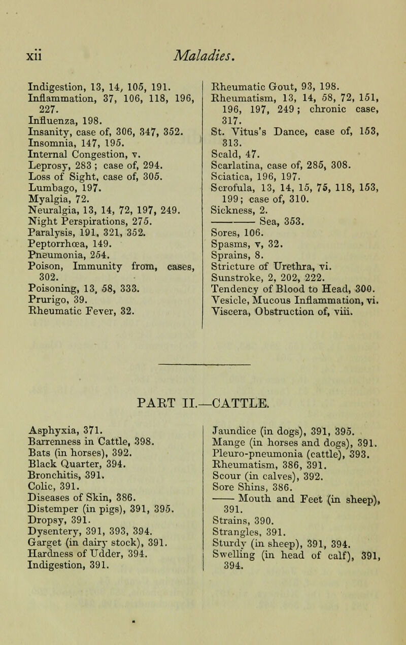 Indigestion, 13, 14, 105, 191. Inflammation, 37, 106, 118, 196, 227. Influenza, 198. Insanity, case of, 306, 347, 352. Insomnia, 147, 195. Interna] Congestion, v. Leprosy, 283 ; case of, 294. Loss of Sight, case of, 305. Lumbago, 197. Myalgia, 72. Neuralgia, 13, 14, 72, 197, 249. Night Perspirations, 275. Paralysis, 191, 321, 352. Peptorrhcea, 149. Pneumonia, 254. Poison, Immunity from, cases, 302. Poisoning, 13. 58, 333. Prurigo, 39. Rheumatic Fever, 32. Rheumatic Gout, 93, 198. Rheumatism, 13, 14, 58, 72, 151, 196, 197, 249; chronic case, 317. St. Vitus's Dance, case of, 153, 313. Scald, 47. Scarlatina, case of, 285, 308. Sciatica, 196, 197. Scrofula, 13, 14, 15, 75, 118, 153, 199; case of, 310. Sickness, 2. Sea, 353. Sores, 106. Spasms, v, 32. Sprains, 8. Stricture of Urethra, vi. Sunstroke, 2, 202, 222. Tendency of Blood to Head, 300. Vesicle, Mucous Inflammation, vi. Viscera, Obstruction of, viii. PAST II.—CATTLE. Asphyxia, 371. Barrenness in Cattle, 398. Bats (in horses), 392. Black Quarter, 394. Bronchitis, 391. Colic, 391. Diseases of Skin, 386. Distemper (in pigs), 391, 395. Dropsy, 391. Dysentery, 391, 393, 394. Garget (in dairy stock), 391. Hardness of Udder, 394. Indigestion, 391. Jaundice (in dogs), 391, 395. Mange (in horses and dogs), 391. Pleuro-pneumonia (cattle), 393. Rheumatism, 386, 391. Scour (in calves), 392. Sore Shins, 386. Mouth and Feet (in sheep), 391. Strains, 390. Strangles, 391. Sturdy (in sheep), 391, 394. Swelling (in head of calf), 391, 394.