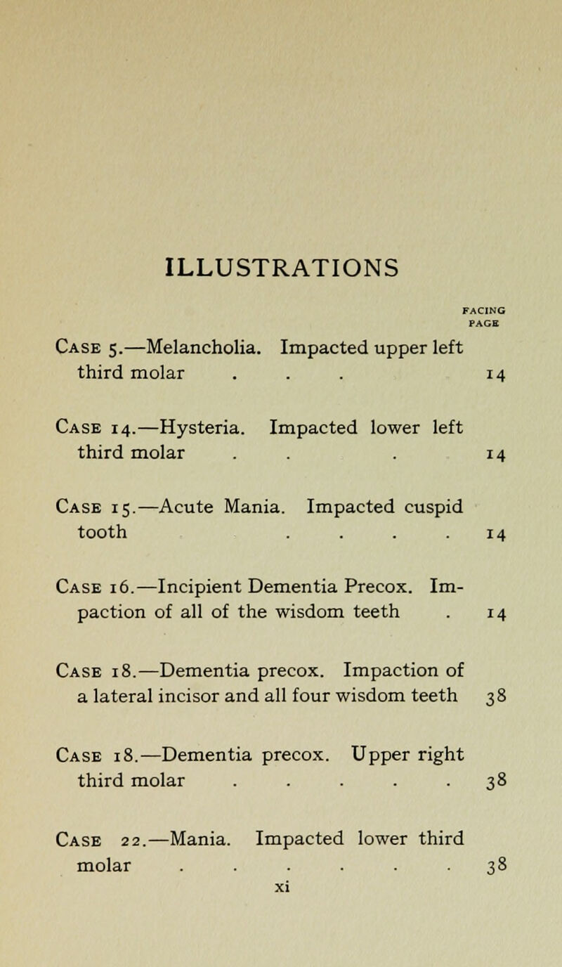 ILLUSTRATIONS FACING PAGE Case 5.—Melancholia. Impacted upper left third molar ... 14 Case 14.—Hysteria. Impacted lower left third molar . . . 14 Case 15.—Acute Mania. Impacted cuspid tooth .... 14 Case 16.—Incipient Dementia Precox. Im- paction of all of the wisdom teeth . 14 Case 18.—Dementia precox. Impaction of a lateral incisor and all four wisdom teeth 38 Case 18.—Dementia precox. Upper right third molar ..... 38 Case 22.—Mania. Impacted lower third molar ...... 38