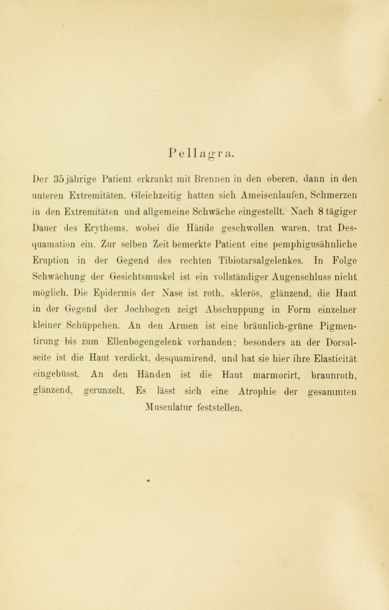 Pellagra. Der 35jährige Patient erkrankt mit Brennen in den oberen, dann in den unteren Extremitäten. Gleichzeitig hatten sieh Ameisenlaufen, Sehmerzen in den Extremitäten und allgemeine Schwäche eingestellt. Nach 8tägiger Dauer des Erythems, wobei die Hände gesehwollen waren, trat Des- quamation ein. Zur selben Zeit bemerkte Patient eine pemphigusähnliche Eruption in der Gegend des rechten Tibiotarsalgelenkes. In Folge Schwächung der Gesichtsmuskel ist ein vollständiger Augenschluss nicht möglich. Die Epidermis der Xase ist roth. sklerös, glänzend, die Haut in der Gegend der Jochbogen zeigt Abschuppung in Form einzelner kleiner Schüppchen. An den Annen ist eine bräunlich-grüne Pigmen- tirung bis zum Ellenbogengelenk vorhanden: besonders an der Dorsal- seite ist die Haut verdickt, desquamirend, und hat sie hier ihre Elasticität eingebüsst. An den Händen ist die Haut marmorirt, braunroth, glänzend, gerunzelt. Es lässt sich eine Atrophie der gesammten Musculatur feststellen.