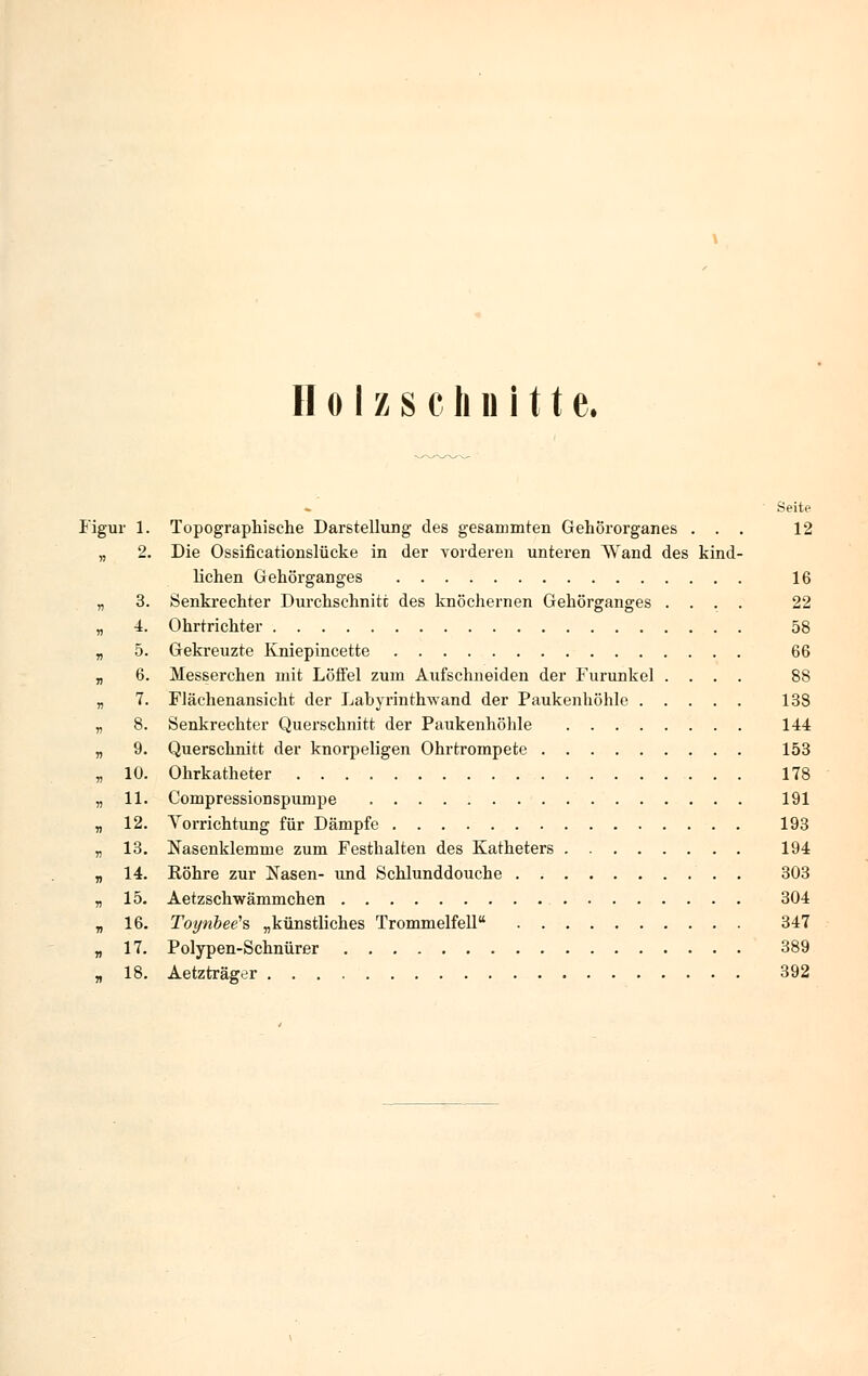 «. Seite Figur 1. Topographische Darstellung des gesammten Gehörorganes ... 12 „ 2. Die Ossificationslücke in der vorderen unteren Wand des kind- lichen Gehörganges 16 „ 3. Senkrechter Durchschnitt des knöchernen Gehörganges .... 22 „ 4. Ohrtrichter 58 „ 5. Gekreuzte Kniepincette 66 „ 6. Messerchen mit Löffel zum Aufschneiden der Furunkel .... 88 „ 7. Flächenansicht der Labyrinthwand der Paukenhöhle 138 „ 8. Senkrechter Querschnitt der Paukenhöhle 144 „ 9. Querschnitt der knorpeligen Ohrtrompete 153 „ 10. Ohrkatheter 178 „ 11. Compressionspumpe 191 „ 12. Vorrichtung für Dämpfe 193 „ 13. Nasenklemme zum Festhalten des Katheters 194 „ 14. Röhre zur Nasen- und Schlunddouche 303 „ 15. Aetzschwämmchen 304 „ 16. Toynbee's „künstliches Trommelfell 347 „ 17. Polypen-Schnürer 389 „ 18. Aetzträger 392