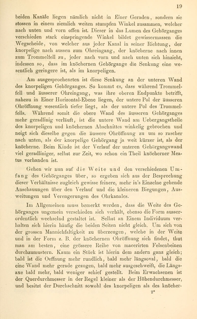 beiden Kanäle liegen nämlich nicht in Einer Geraden, sondern sie stossen in einem ziemlich weiten stumpfen Winkel zusammen, welcher nach unten und vorn offen ist. Dieser in das Lumen des Gehörganges verschieden stark einspringende Winkel bildet gewissermassen die Wegscheide, von welcher aus jeder Kanal in seiner Richtung, der knorpelige nach aussen zum Ohreingang, der knöcherne nach innen zum Trommelfell zu, jeder nach vorn und nach unten sich hinzieht, indessen so, dass im knöchernen Gehörgange die Senkung eine we- sentlich geringere ist, als im knorpeligen. Am ausgesprochensten ist diese Senkung an der unteren Wand des knorpeligen Gehörganges. So kommt es, dass während Trommel- fell und äusserer Ohreingang, was ihre oberen Endpunkte betrifft, nahezu in Einer Horizontal-Ebene liegen, der untere Pol der äusseren Ohröffnung wesentlich tiefer liegt, als der untere Pol des Trommel- fells. Während somit die obere Wand des äusseren Gehörganges mehr geradlinig verläuft, ist die untere Wand am Uebergangstheile des knorpeligen und knöchernen Abschnittes winkelig gebrochen und neigt sich dieselbe gegen die äussere Ohröffnung zu um so rascher nach unten, als der knorpelige Gehörgang ja weit kürzer ist, als der knöcherne. Beim Kinde ist der Verlauf der unteren Gehörgangswand viel geradliniger, selbst zur Zeit, wo schon ein Theil knöcherner Mea- tus vorhanden ist. Gehen wir nun auf die AVeite und den verschiedenen Um- fang des Gehörganges über, so ergeben sich aus der Besprechung dieser Verhältnisse zugleich gewisse feinere, mehr in's Einzelne gehende Anschauungen über den Verlauf und die kleineren Biegungen, Aus- weitungen und Verengerungen des Ohrkanales. Im Allgemeinen muss bemerkt werden, dass die Weite des Ge- hörganges ungemein verschieden sich verhält, ebenso die Form ausser- ordentlich wechselnd gestaltet ist. Selbst an Einem Individuum ver- halten sich hierin häufig die beiden Seiten nicht gleich. Um sich von der grossen Mannichfaltigkeit zu überzeugen, welche in der Weite und in der Form z. B. der knöchernen Ohröffnung sich findet, thut man am besten, eine grössere Reihe von macerirten Felsenbeinen durchzumustern. Kaum ein Stück ist hierin dem andern ganz gleich; bald ist die Oeffnung mehr rundlich, bald mehr längsoval, bald die eine Wand mehr gerade gezogen, bald mehr ausgeschweift, dieLängs- axe bald mehr, bald weniger schief gestellt. Beim Erwachsenen ist der Querdurchmesser in der Regel kleiner als der Höhendurchmesser, und besitzt der Durchschnitt sowohl des knorpeligen als des knöcher-