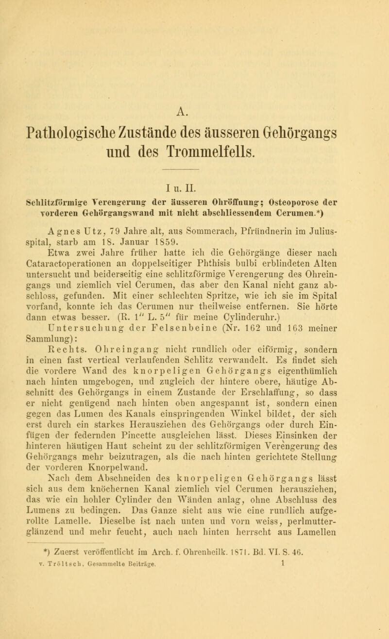 A. Pathologische Zustände des äusseren Gehörgangs und des Trommelfells. I u. IL Schlitzförmige Yereng-erung- der äusseren Ohröffanng-; Osteoporose der vorderen Gehörg-ang-swand mit nicht abschliessendem Cerumen.*) Agnes Utz, 79 Jahre alt, aus Sotnmerach, Pfründnerin im Julius- spital, starb am 15. Januar 1859. Etwa zwei Jahre früher hatte ich die Gehörgänge dieser nach Cataractoperationen an doppelseitiger Phthisis bulbi erblindeten Alten untersucht und beiderseitig eine schlitzförmige Verengerung des Ohrein- gangs und ziemlich viel Cerumen, das aber den Kanal nicht ganz ab- schloss, gefunden. Mit einer schlechten Spritze, wie ich sie im Spital vorfand, konnte ich das Cerumen nur theilweise entfernen. Sie hörte dann etwas besser. (R. l L. 5 für meine C}iinderuhr.) Untersuchung der Felsenbeine (Nr. 162 und 163 meiner Sammlung): Rechts. Oh reingang nicht rundlich oder eiförmig, sondern in einen fast vertical verlaufenden Schlitz verwandelt. Es findet sich die vordere Wand des knorpeligen Gehörgangs eigentümlich nach hinten umgebogen, und zugleich der hintere obere, häutige Ab- schnitt des Gehörgangs in einem Zustande der Erschlaffung, so dass er nicht genügend nach hinten oben angespannt ist, sondern einen gegen das Lumen des Kanals einspringenden Winkel bildet, der sich erst durch ein starkes Herausziehen des Gehörgangs oder durch Ein- fügen der federnden Pincette ausgleichen lässt. Dieses Einsinken der hinteren häutigen Haut scheint zu der schlitzförmigen Verengerung des Gehörgangs mehr beizutragen, als die nach hinten gerichtete Stellung der vorderen Knorpelwand. Nach dem Abschneiden des knorpeligen Gehörgangs lässt sicli aus dem knöchernen Kanal ziemlich viel Cerumen herausziehen, das wie ein hohler Cylinder den Wänden anlag, ohne Abschluss des Lumens zu bedingen. Das Ganze sieht aus wie eine rundlich aufge- rollte Lamelle. Dieselbe ist nach unten und vorn weiss, perlmutter- glänzend und mehr feucht, auch nach hinten herrscht aus Lamellen *) Zuerst veröffentlicht im Aren. f. Ohrenhcilk. 1871. Bd. VI. S. 40.