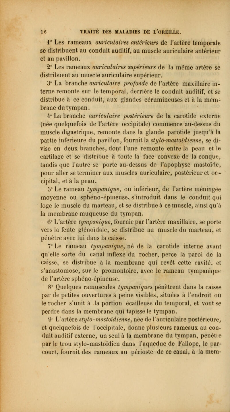 1° Les rameaux auriculaires antérieurs de l'artère temporale se distribuent au conduit auditif, au muscle auriculaire antérieur et au pavillon. 2° Les rameaux auriculaires supérieurs de la même artère se distribuent au muscle auriculaire supérieur. 3° La branche auriculaire profonde de l'artère maxillaire in- terne remonte sur le temporal, derrière le conduit auditif, et se distribue à ce conduit, aux glandes cérumineuses et à la mem- brane du tympan. A0 La branche auriculaire postérieure de la carotide externe (née quelquefois de l'artère occipitale) commence au-dessus du muscle digastrique, remonte dans la glande parotide jusqu'à la partie inférieure du pavillon, fournit la stylo-mastoïdienne, se di- vise en deux branches, dont l'une remonte entre la peau et le cartilage et se distribue à toute la face convexe de la conque, tandis que l'autre se porte au-dessus de l'apophyse mastoïde, pour aller se terminer aux muscles auriculaire, postérieur et oc- cipital, et à la peau. 5° Le rameau tympanique, ou inférieur, de l'artère méningée moyenne ou sphéno-épineuse, s'introduit dans le conduit qui loge le muscle du marteau, et se distribue à ce muscle, ainsi qu'à la membrane muqueuse du tympan. 6° L'artère tympaniquey fournie par l'artère maxillaire, se porte vers la fente glénoïdale, se distribue au muscle du marteau, et pénètre avec lui dans la caisse. 7° Le rameau tympanique, né de la carotide interne avant qu'elle sorte du canal inflexe du rocher, perce la paroi de la caisse, se distribue à la membrane qui revêt cette cavité, et s'anastomose, sur le promontoire, avec le rameau tympanique de l'artère sphéno-épineuse. 8° Quelques ramuscules tympaniques pénètrent dans la caisse par de petites ouvertures à peine visibles, situées à l'endroit où le rocher s'unit à la portion écailleuse du temporal, et vont se perdre dans la membrane qui tapisse le tympan. 9' L'artère stylo-mastoïdienne, née de l'auriculaire postérieure, et quelquefois de l'occipitale, donne plusieurs rameaux au con- duit auditif externe, un seul à la membrane du tympan, pénètre par le trou stylo-mastoïdien dans l'aqueduc de Fallope, le par- court, fournit des rameaux au périoste de ce canal, à la mem-