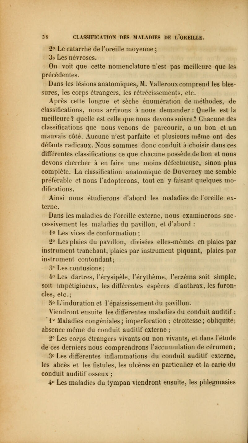 2° Le catarrhe de l'oreille moyenne; 3o Les névroses. On voit que cette nomenclature n'est pas meilleure que les précédentes. Dans les lésions anatomiques, M. Vallerouxcomprend les bles- sures, les corps étrangers, les rétrécissements, etc. Après cette longue et sèche énumération de méthodes, de classifications, nous arrivons à nous demander : Quelle est la meilleure? quelle est celle que nous devons suivre? Chacune des classifications que nous venons de parcourir, a un bon et un mauvais côté. Aucune n'est parfaite et plusieurs même ont des défauts radicaux. Nous sommes donc conduit à choisir dans ces différentes classifications ce que chacune possède de bon et nous devons chercher à en faire une moins défectueuse, sinon plus complète. La classification anatomique de Duverney me semble préférable et nous l'adopterons, tout en y faisant quelques mo- difications. Ainsi nous étudierons d'abord les maladies de l'oreille ex- terne. Dans les maladies de l'oreille externe, nous examinerons suc- cessivement les maladies du pavillon, et d'abord : 1° Les vices de conformation ; 2° Les plaies du pavillon, divisées elles-mêmes en plaies par instrument tranchant, plaies par instrument piquant, plaies par instrument contondant; 3° Les contusions: -4° Les dartres, l'érysipèle, l'érythème, l'eczéma soit simple, soit impetigineux, les différentes espèces d'anthrax, les furon- cles, etc.; 5° L'induration et l'épaississement du pavillon. Viendront ensuite les différentes maladies du conduit auditif : ' 1° Maladies congéniales; imperforation : étroitesse; obliquité: absence même du conduit auditif externe ; w2° Les corps étrangers vivants ou non vivants, et dans l'étude de ces derniers nous comprendrons l'accumulation de cérumen, 3e Les différentes inflammations du conduit auditif externe, les abcès et les fistules, les ulcères en particulier et la carie du conduit auditif osseux ; 4° Les maladies du tympan viendront ensuite, les phlegmasies