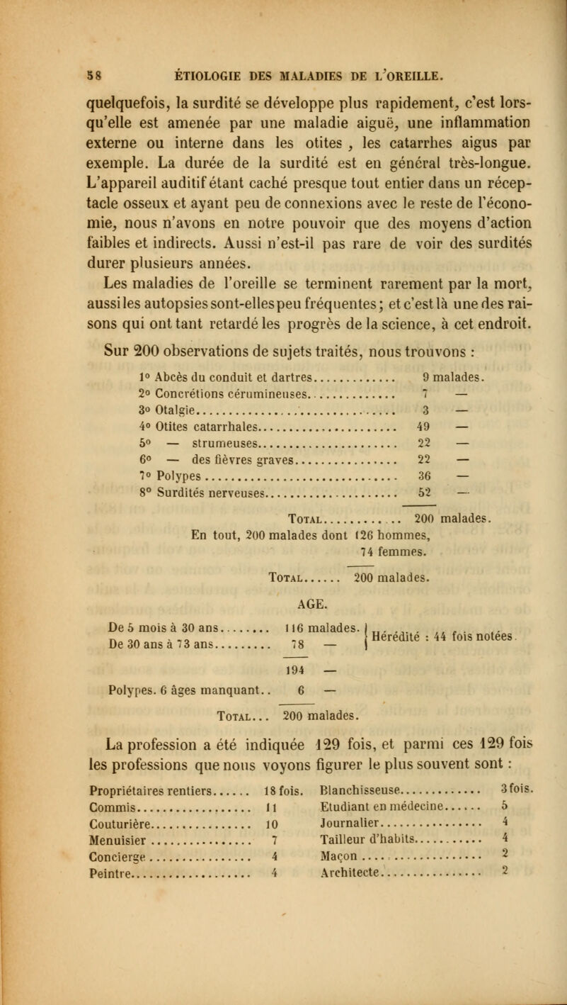 quelquefois, la surdité se développe plus rapidement, c'est lors- qu'elle est amenée par une maladie aiguë, une inflammation externe ou interne dans les otites , les catarrhes aigus par exemple. La durée de la surdité est en général très-longue. L'appareil auditif étant caché presque tout entier dans un récep- tacle osseux et ayant peu de connexions avec le reste de l'écono- mie, nous n'avons en notre pouvoir que des moyens d'action faibles et indirects. Aussi n'est-il pas rare de voir des surdités durer plusieurs années. Les maladies de l'oreille se terminent rarement par la mort, aussi les autopsies sont-elles peu fréquentes; et c'est là une des rai- sons qui ont tant retardé les progrès de la science, à cet endroit. Sur 200 observations de sujets traités, nous trouvons : 1° Abcès du conduit et dartres 9 malades. 2° Concrétions cérumineuses 7 — 3o Otalgie 3 — 4o Otites catarrhales 49 — 5° — strumeuses 22 — 6° — des fièvres graves 22 — 7o Polypes 36 — 8° Surdités nerveuses 52 — Total .. 200 malades. En tout, 200 malades dont 126 hommes, 74 femmes. Total 200 malades. AGE. De 5 mois à 30 ans De 30 ans à 7 3 ans 116 malades. | _. • , Hérédité 194 — : 44 fois notées Polypes. 6 âges manquant.. 6 — Total... 200 malades. La profession a été indiquée 129 fois, et parmi ces 129 fois les professions que nous voyons figurer le plus souvent sont : Propriétaires rentiers 18 fois. Blanchisseuse 3fois. Commis Il Etudiant en médecine 5 Couturière 10 Journalier 4 Menuisier 7 Tailleur d'habits 4 Concierge. 4 Maçon 2 Peintre 4 Architecte 2