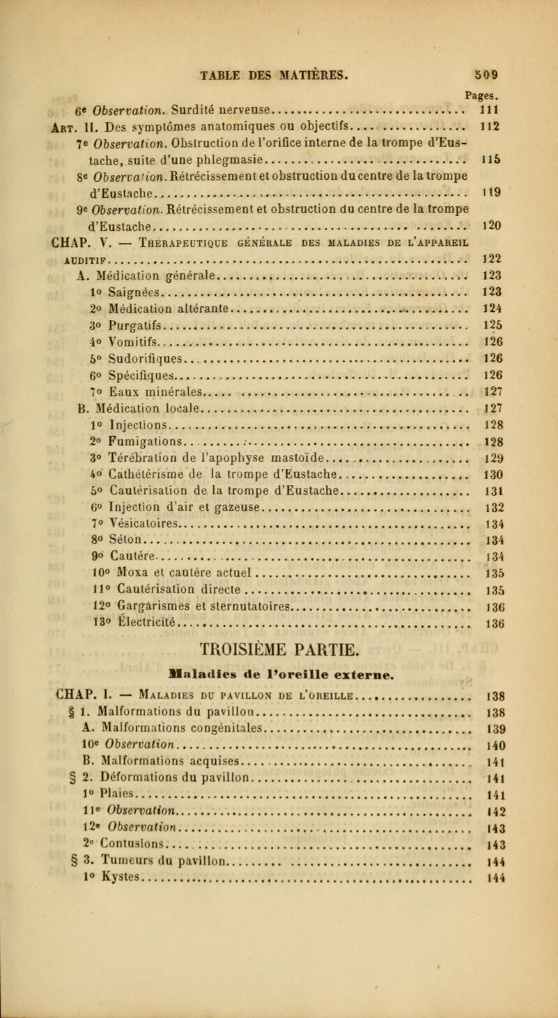 Pages. 6e Observation. Surdité nerveuse , 111 Art. II. Des symptômes anatomiques ou objectifs 112 7e Observation. Obstruction de l'orifice interne de la trompe d'Eus- tache, suite d'une phlegmasie 115 8e Observa'ion. Rétrécissement et obstruction ducentre de la trompe d'Eustache 119 9e Observation. Rétrécissement et obstruction du centre de la trompe d'Eustache 120 CHAP. V. — Thérapeutique générale des maladies de l'appareil AUDITIF 122 A. Médication générale 123 lo Saignées 123 2« Médication altérante 124 3o Purgatifs 125 4o Vomitifs 126 5° Sudorifiques 126 6° Spécifiques 126 7° Eaux minérales .. 127 B. Médication locale 127 1° Injections 128 2° Fumigations... 128 3° Térébralion de l'apopbyse mastoïde. 129 40 Cathélérisme de la trompe d'Eustache. 130 5° Cautérisation de la trompe d'Eustache 131 0° Injection d'air et gazeuse 132 7° Vésicaloires 134 8° Selon 134 9° Cautère , 134 10° Moxa et cautère actuel 135 11° Cautérisation directe 135 12° Gargarismes et sternutatoires 136 13o Électricité 136 TROISIÈME PARTIE. Haladies de l'oreille externe. CHAP. 1. — Maladies du pavilloiN de l'oreille 138 § 1. Malformations du pavillon 138 A. Malformations congénitales 139 10e Observation 140 B. Malformations acquises 141 § 2. Déformations du pavillon 14 I 1° Plaies 141 11e Observation 142 12« Observation 143 2° Contusions 143 § 3. Tumeurs du pavillon 144 lo Kystes 144