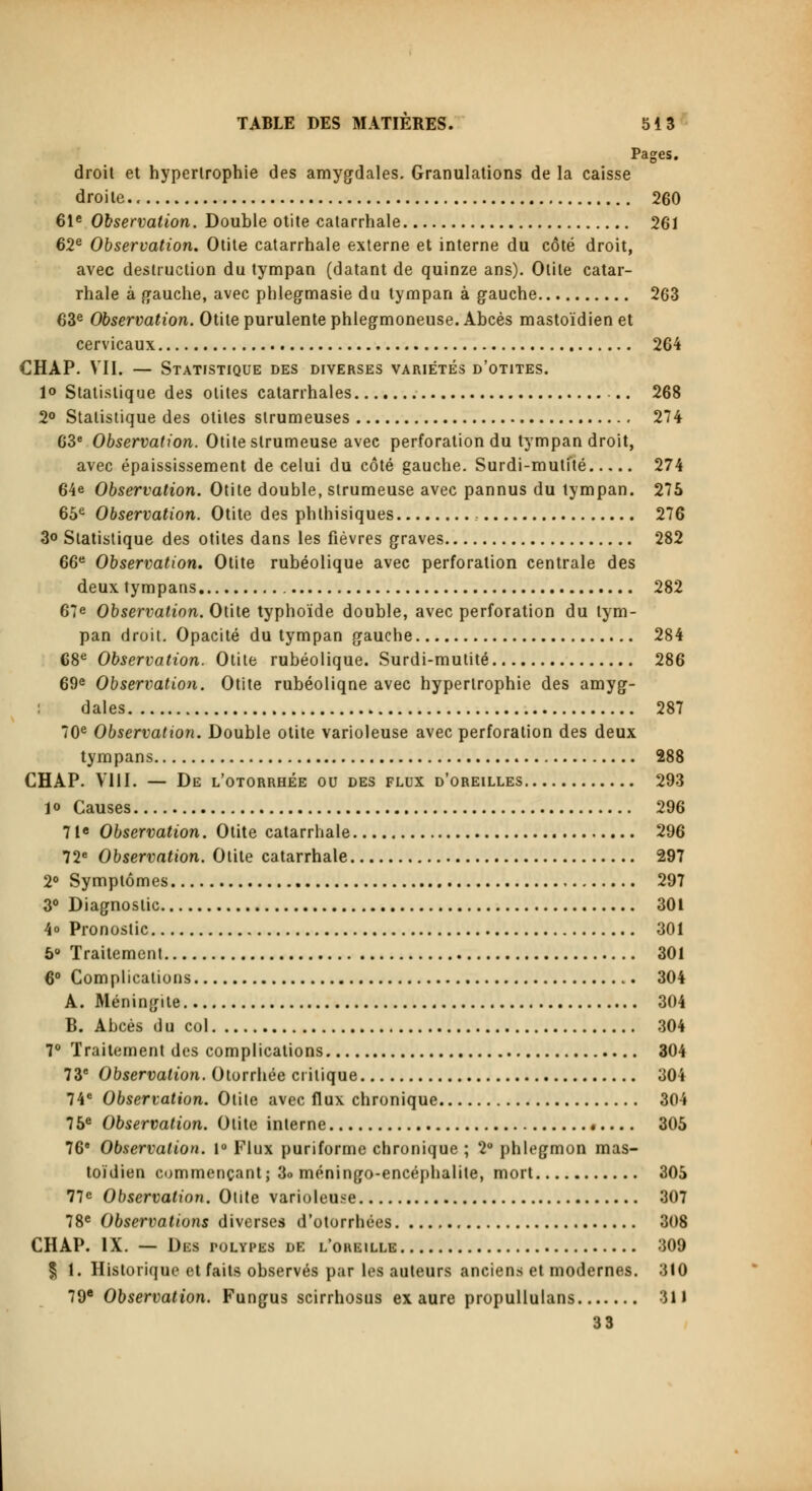 Pages, droit et hypertrophie des amygdales. Granulations de la caisse droite 260 61e Observation. Double otite catarrhale 261 62e Observation. Otite catarrhale externe et interne du côté droit, avec destruction du tympan (datant de quinze ans). Otite catar- rhale à gauche, avec phlegmasie du tympan à gauche 263 63e Observation. Otite purulente phlegmoneuse. Abcès mastoïdien et cervicaux 264 CHAP. VII. — Statistique des diverses variétés d'otites. 1« Statistique des otites catarrhales ■.. 268 2° Statistique des otites slrumeuses 274 63e Observation. Otite slrumeuse avec perforation du tympan droit, avec épaississement de celui du côté gauche. Surdi-mutité 274 64e Observation. Otite double, slrumeuse avec pannus du tympan. 275 65e Observation. Otite des phlhisiques 276 3<> Statistique des otites dans les fièvres graves 282 66e Observation. Otite rubéolique avec perforation centrale des deux tympans 282 67e Observation. Otite typhoïde double, avec perforation du tym- pan droit. Opacité du tympan gauche 284 68e Observation. Otite rubéolique. Surdi-mutité 286 69e Observation. Otite rubéoliqne avec hypertrophie des amyg- dales 287 70e Observation. Double otite varioleuse avec perforation des deux tympans 288 CHAP. VIII. — De l'otorrhée ou des flux d'oreilles 293 lo Causes 296 71e Observation. Otite catarrhale 296 72e Observation. Otite catarrhale 297 2° Symptômes 297 3° Diagnostic 301 4<> Pronostic 301 6° Traitement 301 6° Complications 304 A. Méningite 304 B. Abcès du col 304 7° Traitement des complications 304 73e Observation. Otorrhée critique 304 74e Observation. Otite avec flux chronique 304 75e Observation. Otite interne 305 76 Observation. 1° Flux puriforme chronique ; 2° phlegmon mas- toïdien commençant; 3o méningo-encéphalite, mort 305 77e Observation. Otite varioleuse 307 78e Observations diverses d'otorrhées 308 CHAP. IX. — Des tolypes de l'oreille 309 § 1. Historique et faits observés par les auteurs anciens et modernes. 310 79e Observation. Fungus scirrhosus ex aure propullulans 311 33