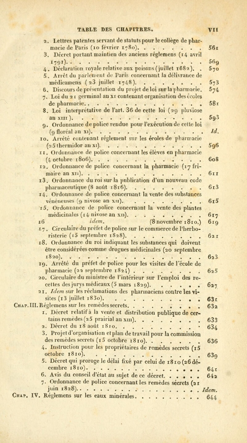 2. Lettres patentes servant de statuts pour le collège de phar- macie de Paris (10 février 1780) 56i 3. Décret portant maintien des anciens réglemens (14 avril I791) 569 4. Déclaration royale relative aux poisons (juillet 1682). . 570 5. Arrêt du parlement de Paris concernant la déli\rauce de médicamens ( 23 juillet 1748) 573 6. Discours de présentation du projet de loi sur la pharmacie. 574 7. Loi du 21 germinal an xi contenant organisation des écoles de pharmacie.. . 581 8. Loi interprétative de l'art. 36 de cette loi (29 pluviôse an xiii ) 593 9. Ordonnance de police rendue pour l'exécution de cette loi (9 floréal an xi) Id. 10. Arrêté contenant règlement sur les écoles de pharmacie (25 thermidor an xi) 5g6 11. Ordonnance de police concernant les élèves en pharmacie (4 octobre 1806) 608 12. Ordonnance de police concernant la pharmacie (17 fri- maire an xn) 611 i3. Ordonnance du roi sur la publication d'un nouveau code pharmaceutique (8 août 1816) 6i3 14. Ordonnance de police concernant la vente des substances vénéneuses (9 nivôse an xn) 6i5 îS. Ordonnance de police concernant la vente des plantes médicinales (14 nivôse an xn) 617 16 idem. (8 novembre 181 o.) 619 17. Circulaire du préfet de police sur le commerce de l'herbo- risterie (i5 septembre 1828) 621 18. Ordonnance du roi indiquant les substances qui doivent être considérées comme drogues médicinales (20 septembre 1820). 623 19. Arrêté du préfet de police pour les visites de l'école de pharmacie (22 septembre 1824) 625 20. Circulaire du ministre de l'intérieur sur l'emploi des re- cettes des jurys médicaux (5 mars 1829) 627 2i. Idem sur les réclamations des pharmaciens contre les vi- sites (i3 juillet i83o) 63r Chap.III. Réglemens sur les remèdes secrets 632 1. Décret relatif à la vente et distribution publique de cer- tains remèdes (25 prairial an xm). ....... 633 2. Décret du 18 août 1810 • 634 3. Projet d'organisation et plan de travail pour la commission des remèdes secrets (15 octobre 1810) 636 4. Instruction pour les propriétaires de remèdes secrets (i5 octobre 1810) 63g 5. Décret qui proroge le délai fixé par celui de i8io(26dé- cembre 1810) 641 6. Avis du conseil d'état au sujet de ce décret. ..... 642 7. Ordonnance de police concernant les remèdes secrets (21 Juin l828) Idem. Chap. IV. Réglemens sur les eaux minérales 644