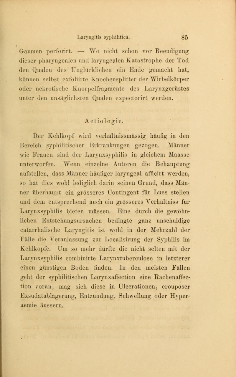 Gaumen perforirt. — Wo nicht schon vor Beendigung dieser pharyngealen und laryngealen Katastrophe der Tod den Qualen des Unglücklichen ein Ende gemacht hat, können selbst exfoliirte Knochensplitter der Wirbelkörper oder nekrotische Knorpelfragmente des Larynxgerüstes unter den unsäglichsten Qualen expectorirt werden. A e t i o 1 o g i e. Der Kehlkopf wird verhältnissmässig häufig in den Bereich syphilitischer Erkrankungen gezogen. Männer wie Frauen sind der Larynxsyphilis in gleichem Maasse unterworfen. Wenn einzelne Autoren die Behauptung aufstellen, dass Männer häufiger laryngeal afficirt werden, so hat dies wohl lediglich darin seinen Grund, dass Män- ner überhaupt ein grösseres Contingent für Lues stellen und dem entsprechend auch ein grösseres Yerhältniss für Larynxsyphilis bieten müssen. Eine durch die gewöhn- lichen Entstehungsursachen bedingte ganz unschuldige catarrhalische Laryngitis ist wohl in der Mehrzahl der Fälle die Veranlassung zur Localisirung der Syphilis im Kehlkopfe. Um so mehr dürfte die nicht selten mit der Larynxsyphilis combinirte Larynxtuberculose in letzterer einen günstigen Boden finden. In den meisten Fällen geht der syphilitischen Larynxaffection eine Rachenaffec- tion voran, mag sich diese in Ulcerationen, croupöser Exsudatablagerung, Entzündung, Schwellung oder Hyper- aemie äussern.