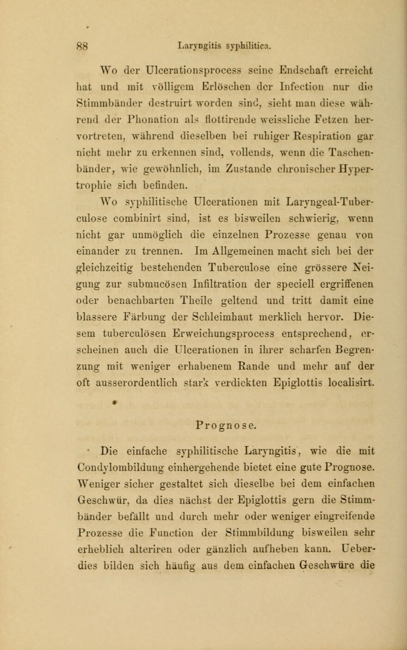 Wo der Ulcerationsprocess seine Endschaft erreicht hat und mit völligem Erlöschen der Infection nur die Stimmbänder destroirt worden Bind, sieht man diese wäh- rend der Phonation als flottirende weissliche Fetzen her- vortreten, während dieselben bei ruhiger Respiration gar nicht mehr zu erkennen sind, vollends, wenn die Taschen- bänder, wie gewöhnlich, im Zustande chronischer Hyper- trophie sich befinden. Wo syphilitische Ulcerationen mit Laryngeal-Tuber- culose combinirt sind, ist es bisweilen schwierig, wenn nicht gar unmöglich die einzelnen Prozesse genau von einander zu trennen. Im Allgemeinen macht sich bei der gleichzeitig bestehenden Tuberculose eine grössere Nei- gung zur submucösen Infiltration der speciell ergriffenen oder benachbarten Theile geltend und tritt damit eine blassere Färbung der Schleimhaut merklich hervor. Die- sem tuberculösen Erweichungsprocess entsprechend, er- scheinen auch die Ulcerationen in ihrer scharfen Begren- zung mit weniger erhabenem Rande und mehr auf der oft ausserordentlich stark verdickten Epiglottis localisirt. Die einfache syphilitische Laryngitis, wie die mit Condylombildung einhergehende bietet eine gute Prognose. Weniger sicher gestaltet sich dieselbe bei dem einfachen Geschwür, da dies nächst der Epiglottis gern die Stimm- bänder befällt und durch mehr oder weniger eingreifende Prozesse die Function der Stimmbildung bisweilen sehr erheblich alteriren oder gänzlich aufheben kann. Ueber- dies bilden sich häufig aus dem einfachen Geschwüre die