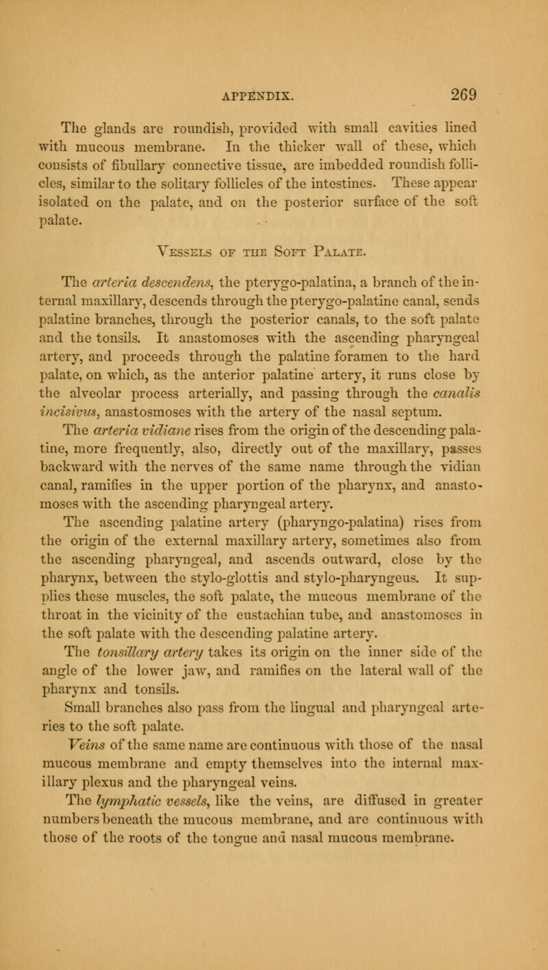 The glands are roundish, provided with small cavities lined with mucous membrane. In the thicker wall of these, which consists of fibullary connective tissue, are imbedded roundish folli- cles, similar to the solitary follicles of the intestines. These appear isolated on the palate, and on the posterior surface of the soft palate. Vessels of the Soft Palate. The arteria descendens, the pterygo-palatina, a branch of the in- ternal maxillary, descends through the pterygopalatine canal, sends palatine branches, through the posterior canals, to the soft palate and the tonsils. It anastomoses with the ascending pharyngeal artery, and proceeds through the palatine foramen to the hard palate, on which, as the anterior palatine artery, it runs close by the alveolar process arterially, and passing through the canalis incisivus, anastosmoses with the artery of the nasal septum. The arteria vidiane rises from the origin of the descending pala- tine, more frequently, also, directly out of the maxillary, passes backward with the nerves of the same name through the vidian canal, ramifies in the upper portion of the pharynx, and anasto- moses with the ascending pharyngeal artery. The ascending palatine artery (pharyngo-palatina) rises from the origin of the external maxillary artery, sometimes also from the ascending pharyngeal, and ascends outward, close by the pharynx, between the stylo-glottis and stylo-pharyngeus. It sup- plies these muscles, the soft palate, the mucous membrane of the throat in the vicinity of the eustachian tube, and anastomoses in the soft palate with the descending palatine artery. The tonsillar]} artery takes its origin on the inner side of the angle of the lower jaw, and ramifies on the lateral wall of the pharynx and tonsils. Small branches also pass from the lingual and pharyngeal arte- ries to the soft palate. Veins of the same name are continuous with those of the nasal mucous membrane and empty themselves into the internal max- illary plexus and the pharyngeal veins. The lymphatic vessels, like the veins, are diffused in greater numbers beneath the mucous membrane, and are continuous witli those of the roots of the tongue and nasal mucous membrane.