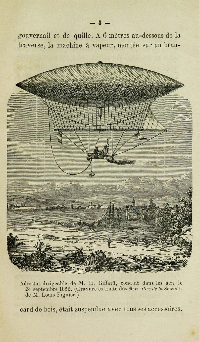 gouvernail et de quille. A 6 mètres au-dessous de la traverse, la machine à vapeur, montée sur un bran- Aérostat dirigeable de M. H. Giffard, conduit dans les airs le 24 septembre. 1852. (Gravure extraite des Merveilles de la Science. de M. Louis Figuier.) card de bois, était suspendue avec tous ses accessoires.