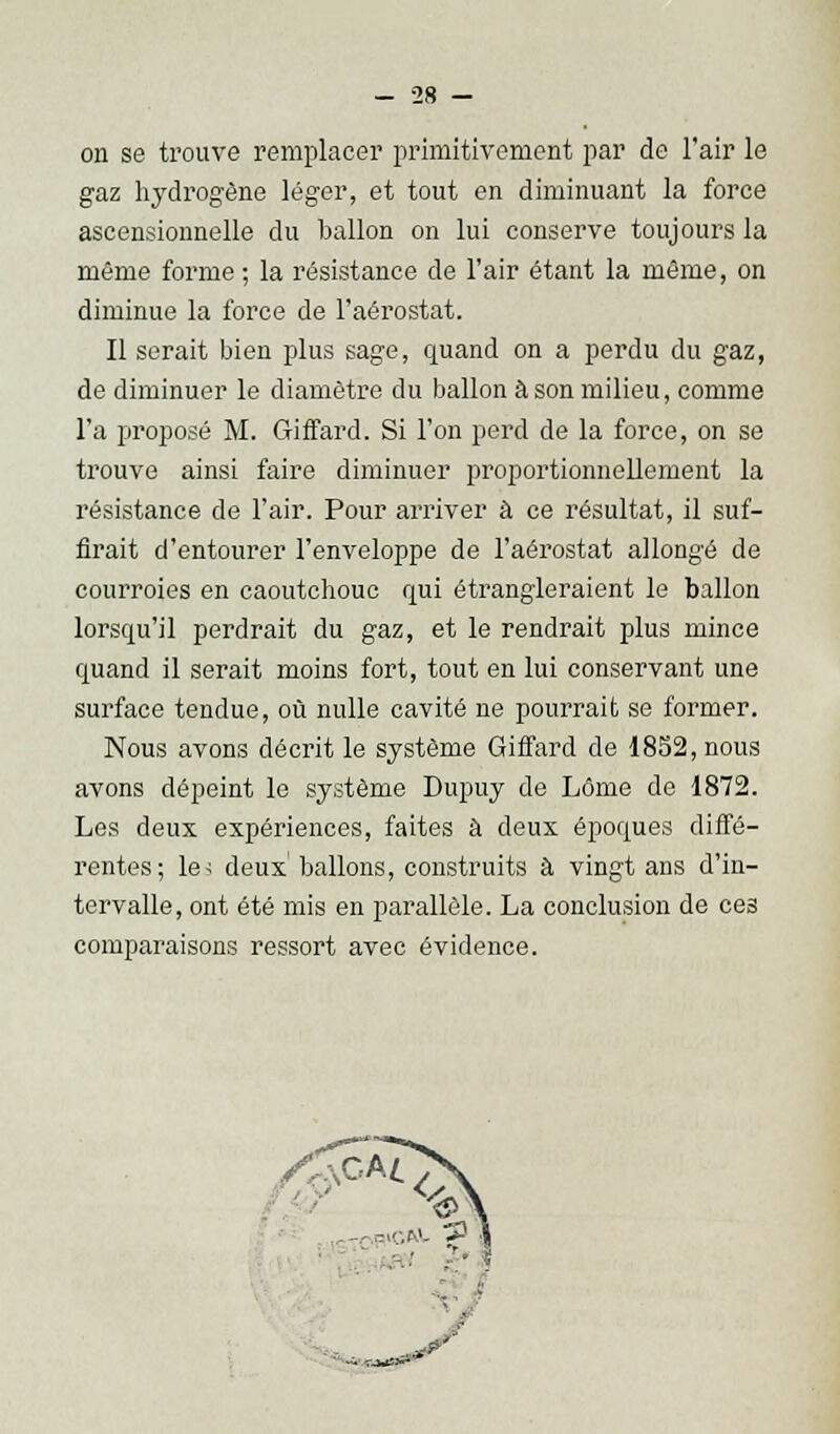 on se trouve remplacer primitivement par de l'air le gaz hydrogène léger, et tout en diminuant la force ascensionnelle du ballon on lui conserve toujours la même forme ; la résistance de l'air étant la môme, on diminue la force de l'aérostat. Il serait bien plus sage, quand on a perdu du gaz, de diminuer le diamètre du ballon à son milieu, comme l'a proposé M. Giffard. Si l'on perd de la force, on se trouve ainsi faire diminuer proportionnellement la résistance de l'air. Pour arriver à ce résultat, il suf- firait d'entourer l'enveloppe de l'aérostat allongé de courroies en caoutchouc qui étrangleraient le ballon lorsqu'il perdrait du gaz, et le rendrait plus mince quand il serait moins fort, tout en lui conservant une surface tendue, où nulle cavité ne pourrait se former. Nous avons décrit le système Giffard de 1852, nous avons dépeint le système Dupuy de Lôme de 1872. Les deux expériences, faites à deux époques diffé- rentes; le< deux' ballons, construits à vingt ans d'in- tervalle, ont été mis en parallèle. La conclusion de ce3 comparaisons ressort avec évidence.