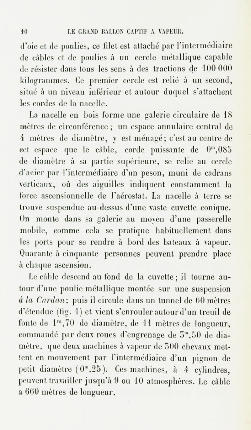 d'oie et de poulies, ce filet est attaché par l'intermédiaire de câbles et de poulies à un cercle métallique capable de résister dans tous les sens à des tractions de 100 000 kilogrammes. Ce premier cercle est relié à un second, situé à un niveau inférieur et autour duquel s'attachent les cordes de la nacelle. La nacelle en bois forme une galerie circulaire de 18 mètres de circonférence ; un espace annulaire central de 4 mètres de diamètre, y est ménagé; c'est au centre de cet espace que le câble, corde puissante de 0',085 de diamètre à sa partie supérieure, se relie au cercle d'acier par l'intermédiaire d'un peson, muni de cadrans verticaux, où des aiguilles indiquent constamment la force ascensionnelle de l'aérostat. La nacelle à terre se trouve suspendue au-dessus d'une vaste cuvette conique. On monte dans sa galerie au moyen d'une passerelle mobile, comme cela se pratique habituellement dans les ports pour se rendre à bord des bateaux à vapeur. Quarante à cinquante personnes peuvent prendre place à chaque ascension. Le câble descend au fond de la cuvette; il tourne au- tour d'une poulie métallique montée sur une suspension à la Cardan; puis il circule dans un tunnel de 00 mètres d'étendue (fig. 1) et vient s'enrouler autour d'un treuil de fonte de 1',70 de diamètre, de 11 mètres de longueur, commandé par deux roues d'engrenage de 5ra,50 de dia- mètre, que deux machines à vapeur de 500 chevaux met- tent en mouvement par l'intermédiaire d'un pignon de petit diamètre (0™,25). Ces machines, à 4 cylindres, peuvent travailler jusqu'à 0 ou 10 atmosphères. Le câble a 600 mètres de longueur.