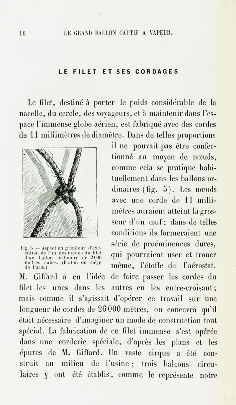 LE FILET ET SES CORDAGES |\| m ,. s, Mm) A \ 'MkT y >v'f Le filet, destiné à porter le poids considérable de la nacelle, du cercle, des voyageurs, et à maintenir dans l'es- pace l'immense globe aérien, est fabriqué avec des cordes de 11 millimètres de diamètre. Dans de telles proportions il ne pouvait pas être confec- tionné au moyen de nœuds, comme cela se pratique habi- tuellement dans les ballons or- dinaires (fig. 5). Les nœuds avec une corde de 11 milli- mètres auraient atteint la gros- seur d'un œuf; dans de telles conditions ils formeraient une série de proéminences dures, qui pourraient user et trouer même, l'étoffe de l'aérostat. M. Giffard a eu l'idée de faire passer les cordes du filet les unes dans les autres en les enlre-croisant ; mais comme il s'agissait d'opérer ce travail sur une longueur de cordes de 26000 mètres, on concevra qu'il était nécessaire d'imaginer un mode de construction tout spécial. La fabrication de ce filet immense s'est opérée dans une corderie spéciale, d'après les plans et les épures de M. Giffard. Un vaste cirque a été con- struit au milieu de l'usine ; trois balcons circu- laires y ont été établis, comme le représente notre Fig. 5. — Aspect en grandeur d'exé- cution de l'un des nœuds du filet d'un ballon ordinaire de 2000 mètres cubes. (Ballon du siège de Paris.)