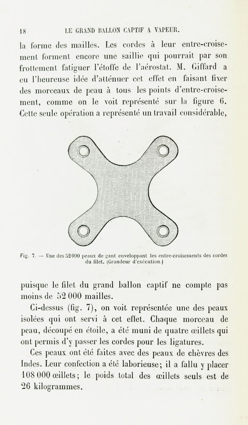 la forme des mailles. Les cordes à leur entre-croise- ment forment encore une saillie qui pourrait par son frottement fatiguer l'étoffe de l'aérostat. M. Giffard a eu l'heureuse idée d'atténuer cet effet en faisant fixer des morceaux de peau à tous les points d'entre-croise- ment, comme on le voit représenté sur la figure fi. Cette seule opération a représenté un travail considérable, Fig. 7. — Une des5*201)0 peaux de gant enveloppant les entre-croisements des cordes du filet. (Grandeur d'exécution.| puisque le filet du grand ballon captif ne compte pas moins de 52 000 mailles. Ci-dessus (fig. 7), on voit représentée une des peaux isolées qui ont servi à cet eflet. Cbaque morceau de peau, découpé en étoile, a été muni de quatre œillets qui ont permis d'y passer les cordes pour les ligatures. Ces peaux ont été faites avec des peaux de cbèvres des Indes. Leur confection a été laborieuse; il a fallu y placer 108 000 œillets; le poids total des œillets seuls est de 26 kilogrammes.