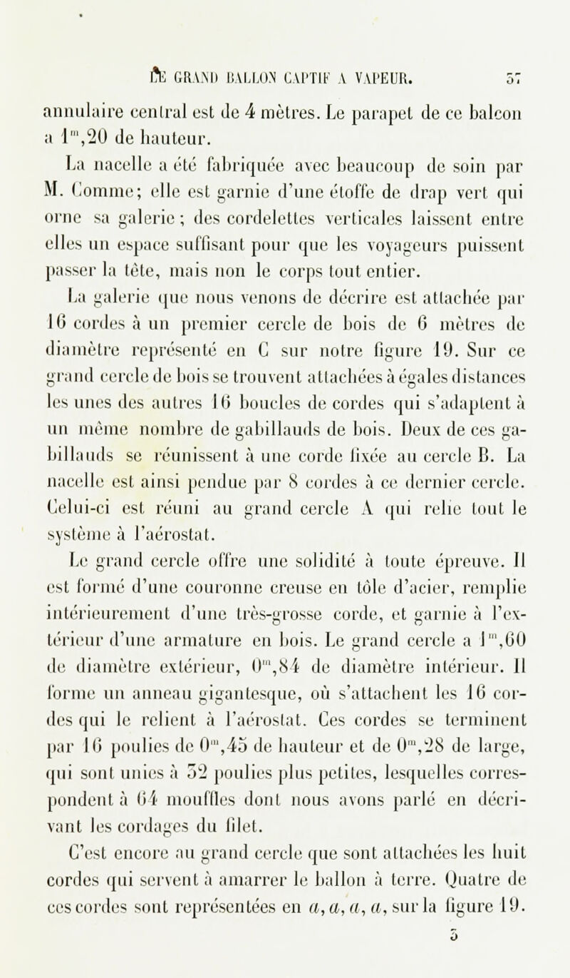 annulaire central est de 4 mètres. Le parapet de ce balcon a 1',2Û de hauteur. La nacelle a été fabriquée avec beaucoup de soin par M. Comme; elle est garnie d'une étoffe de drap vert qui orne sa galerie ; des cordelettes verticales laissent entre elles un espace suffisant pour que les voyageurs puissent passer la tète, mais non le corps tout entier. La galerie que nous venons de décrire est attachée par 16 cordes à un premier cercle de bois de 6 mètres de diamètre représenté en C sur notre figure 19. Sur ce grand cercle de bois se trouvent attachées à égales distances les unes des autres 16 boucles de cordes qui s'adaptent à un même nombre de gabillauds de bois. Deux de ces ga- bi lia mis se réunissent à une corde hxée au cercle B. La nacelle est ainsi pendue par 8 cordes à ce dernier cercle. Celui-ci est réuni au grand cercle A qui relie tout le système à l'aérostat. Le grand cercle offre une solidité à toute épreuve. Il est formé d'une couronne creuse en tôle d'acier, remplie intérieurement d'une très-grosse corde, et garnie à l'ex- térieur d'une armature en bois. Le grand cercle a 1\60 de diamètre extérieur, 0',84 de diamètre intérieur. 11 forme un anneau gigantesque, où s'attachent les 16 cor- des qui le relient à l'aérostat. Ces cordes se terminent par 16 poulies de 0',45 de hauteur et de O'V-8 de large, qui sont unies à 52 poulies plus petites, lesquelles corres- pondent à 64 mouffles dont nous avons parlé en décri- vant les cordages du filet. C'est encore au grand cercle que sont attachées les huit cordes qui servent à amarrer le ballon à terre. Quatre de ces cordes sont représentées en a, a, a, a, sur la figure 1(J.