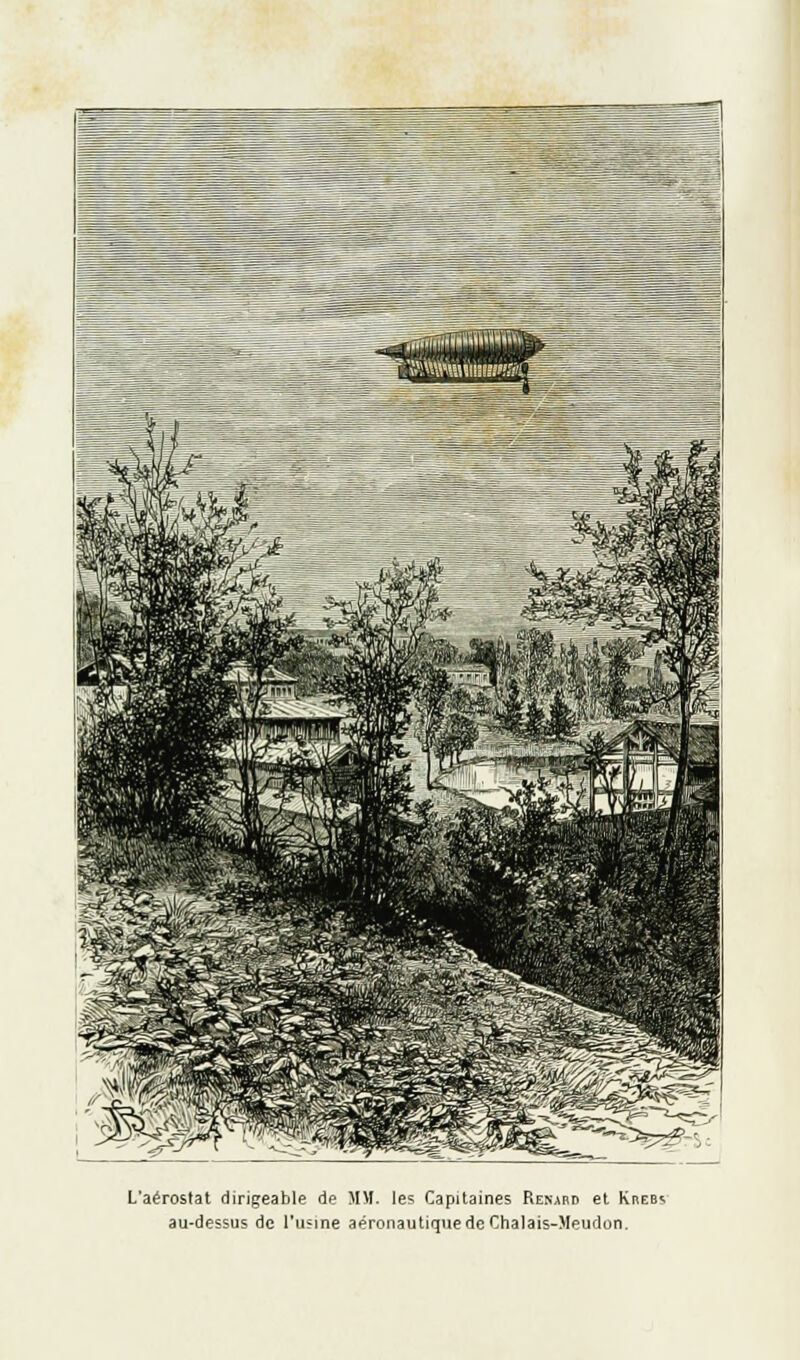 -~1 L'aérostat dirigeable de MM. les Capitaines Renard et Krebs au-dessus de l'usine aéronautique de Chalais-Meudon.