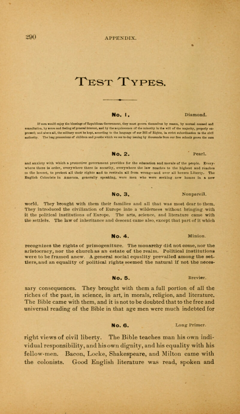 Test Types. No. I • Diamond. If men would enjoy the blessings of Republican Government, they must govern themselves by reason, by mutual counsel and •onsultation. by sense and feeling of general interest, and by the acquiescence of the minority in ths will of the majority, properly ex- pressed; ami above all, the military must be kept, according to the language of our Bill of Rights, in strict subordination to the civil authority. The long processions of children and youths which we see to-day issuing by thousands from our free schools prove the care No. 2. ' Pearl. and anxiety with which a protective government provides for the education and morals of the people. Every- where there is order, everywhere there is security, everywhere the law reaches to the highest and reaches to the lowest, to protect all their rights and to restrain all from wrong—and over all hovers Liberty. The English Colonists in America, generally speaking, were men who were seeking new homes in a new No. 3, Nonpareil. world. They brought with them their families and all that was most dear to them. They introduced the civilization of Europe into a wilderness without bringing with it the political institutions of Europe. The arts, science, and literature came with the settlers. The law of inheritance and descent came alpo. except that part of it which No. 4. Minion. recognizes the rights of primogeniture. The monarchy did not come, nor the aristocracy, nor the church as an estate of the realm. Political institutions were to be framed anew. A general social equality prevailed among the set- tlers, and an equality of political rights seemed the natural if not the neces- No. 5. Brevier. sary consequences. They brought with them a full portion of all the riches of the past, in science, in art, in morals, religion, and literature. The Bible came with them, and it is not to be doubted that to the free and universal reading of the Bible in that age men were much indebted for No. 6. L,ong Primer. right views of civil liberty. The Bible teaches man his own indi- vidual responsibility, and his own dignity, and his equality with his fellow-men. Bacon, Locke, Shakespeare, and Milton came with the colonists. Good English literature was read, spoken and