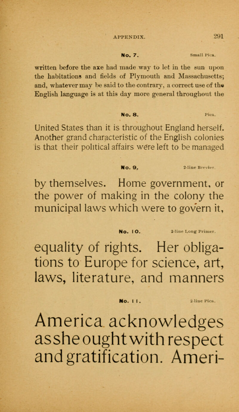 NO. 7. Small Pica. written before the axe had made way to let in the sun upon the habitations and fields of Plymouth and Massachusetts; and, whatever may be said to the contrary, a correct use of the English language is at this day more general throughout the No. 8. Pica. United States than it is throughout England herself. Another grand characteristic of the English colonies is that their political affairs were left to be managed No. 9. 2-line Brevit by themselves. Home government, or the power of making in the colony the municipal laws which were to govern it, No. I O. 2-line Long Prinitr. equality of rights. Her obliga- tions to Europe for science, art, laws, literature, and manners NO. I I . 2 line Pica. America acknowledges asshe ought with respect and gratification. Ameri-