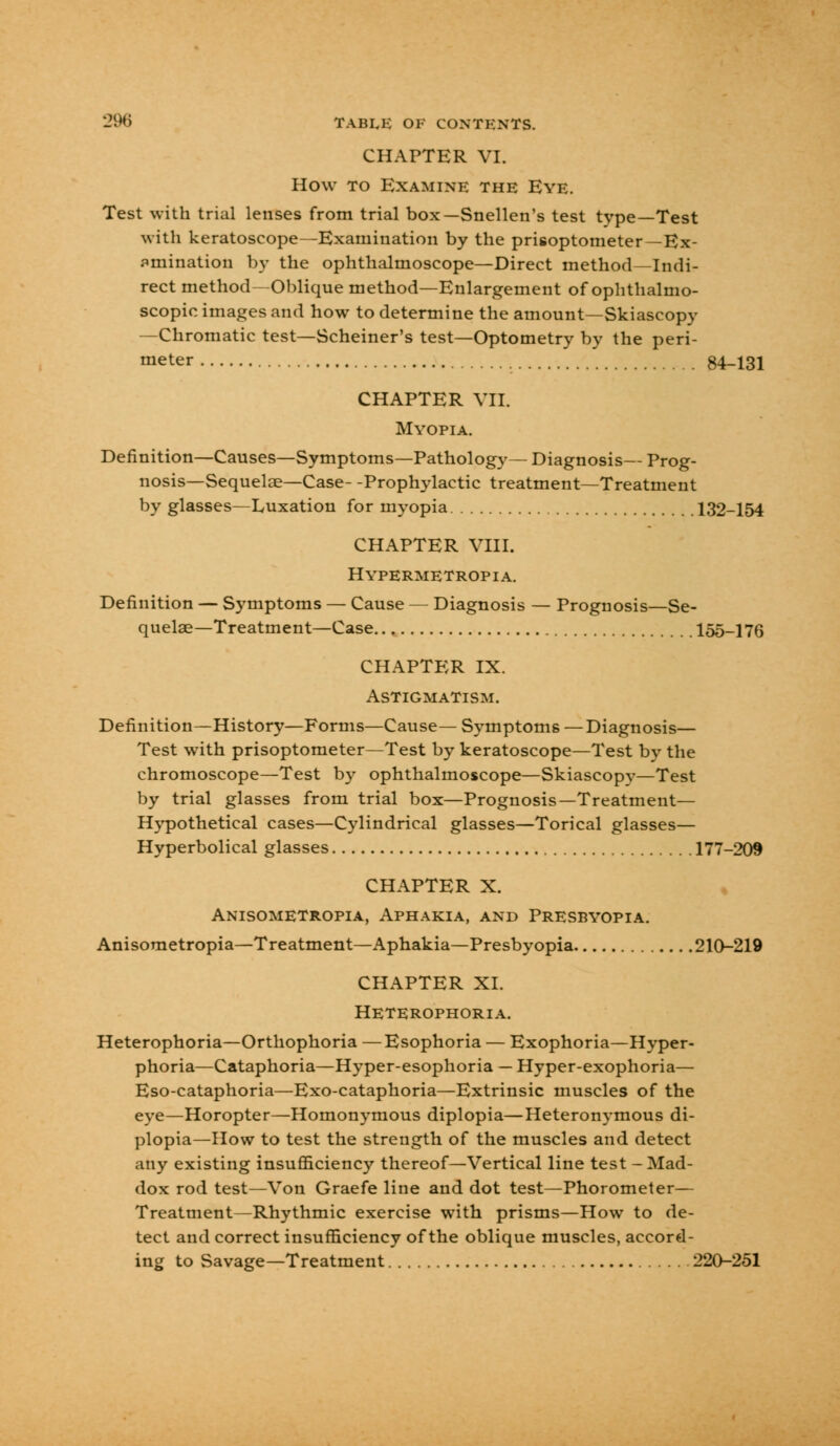 CHAPTER VI. How to Examine the Eye. Test with trial lenses from trial box—Snellen's test type—Test with keratoscope—Examination by the prisoptometer—Ex- amination by the ophthalmoscope—Direct method—Indi- rect method—Oblique method—Enlargement of ophthalmo- scopic images and how to determine the amount—Skiascopy —Chromatic test—Scheiner's test—Optometry by the peri- meter 84-131 CHAPTER VII. Myopia. Definition—Causes—Symptoms—Pathology— Diagnosis— Prog- nosis—Sequelae—Case- -Prophylactic treatment—Treatment by glasses—Luxation for myopia 132-154 CHAPTER VIII. Hypermetropia. Definition — Symptoms — Cause — Diagnosis — Prognosis—Se- quelae—Treatment—Case 155-176 CHAPTER IX. Astigmatism. Definition—History—Forms—Cause— Symptoms —Diagnosis— Test with prisoptometer—Test by keratoscope—Test by the chromoscope—Test by ophthalmoscope—Skiascopy—Test by trial glasses from trial box—Prognosis—Treatment— Hypothetical cases—Cylindrical glasses—Torical glasses— Hyperbolical glasses 177-209 CHAPTER X. Anisometropia, Aphakia, and Presbyopia. Anisometropia—Treatment—Aphakia—Presbyopia 210-219 CHAPTER XI. Heterophoria. Heterophoria—Orthophoria —Esophoria — Exophoria—Hyper- phoria—Cataphoria—Hyper-esophoria — Hyper-exophoria— Eso-cataphoria—Exo-cataphoria—Extrinsic muscles of the eye—Horopter—Homonymous diplopia—Heteronymous di- plopia—How to test the strength of the muscles and detect any existing insufficiency thereof—Vertical line test -Mad- dox rod test—Von Graefe line and dot test—Phorometer— Treatment—Rhythmic exercise with prisms—How to de- tect and correct insufficiency of the oblique muscles, accord- ing to Savage—Treatment 220-251