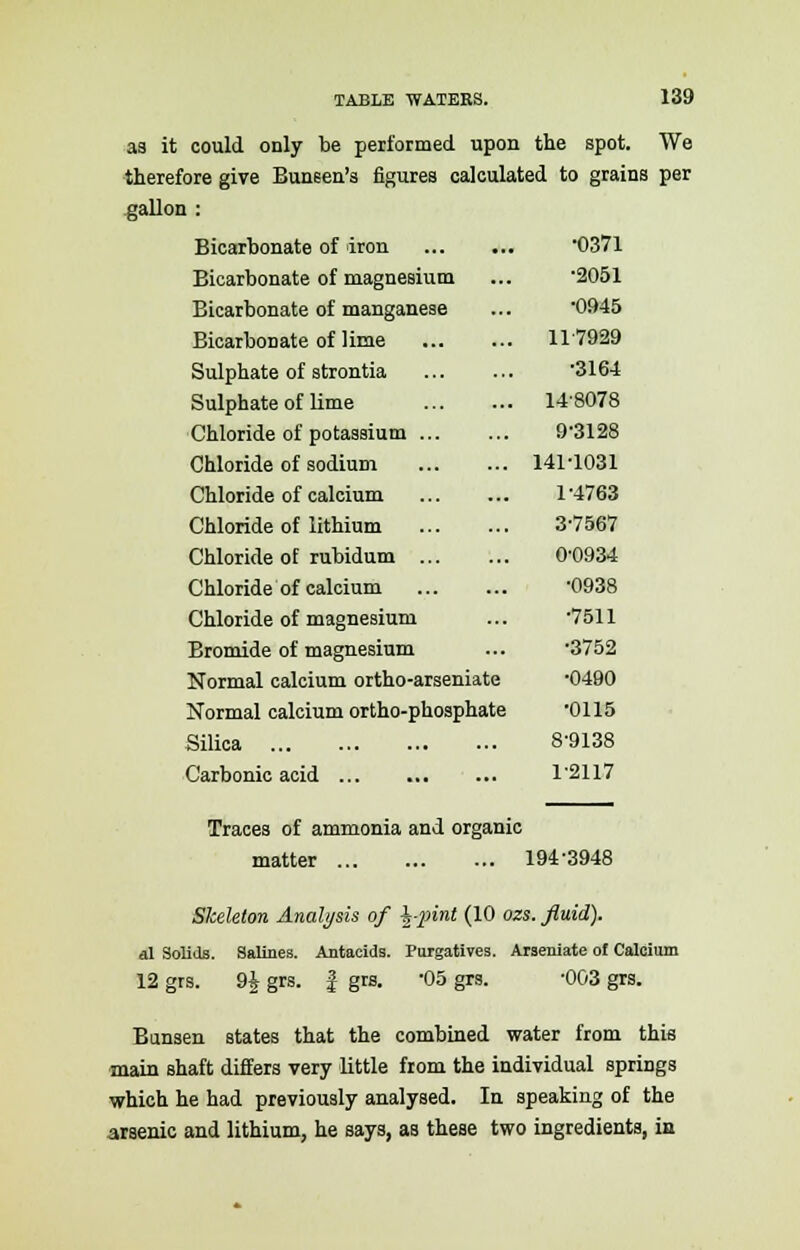 as it could only be performed upon the spot. We therefore give Buneen's figures calculated to grains per gallon : Bicarbonate of iron •0371 Bicarbonate of magnesium •2051 Bicarbonate of manganese •0945 Bicarbonate of lime 117929 Sulphate of strontia •3164 Sulphate of lime 148078 Chloride of potassium 9-3128 Chloride of sodium 141-1031 Chloride of calcium 1-4763 Chloride of lithium 3-7567 Chloride of rubidum 0-0934 Chloride of calcium •0938 Chloride of magnesium •7511 Bromide of magnesium •3752 Normal calcium ortho-arseniate •0490 Normal calcium ortho-phosphate •0115 Silica 8-9138 Carbonic acid 1-2117 Traces of ammonia and organic matter 194-3948 Skeleton Analysis of \-pint (10 ozs. fluid). al Solids. Salines. Antacids. Purgatives. Araeniate of Calcium 12 grs. 9J grs. j grs. -05 grs. -003 grs. Btinsen states that the combined water from this main shaft differs very little from the individual springs which he had previously analysed. In speaking of the arsenic and lithium, he says, as these two ingredients, in