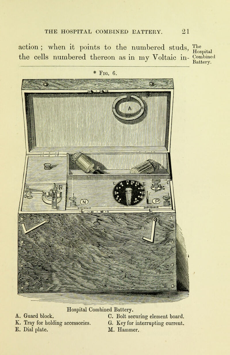 action ; when it points to the numbered studs, rfrhe . , Hospital the cells numbered thereon as in my Voltaic in- Combined J Battery. * Fig. 6. Hospital Combined Battery. A. Guard block. C. Bolt securing element board. K. Tray for holding accessories. G. Key for interrupting current. E. Dial plate. M. Hammer.