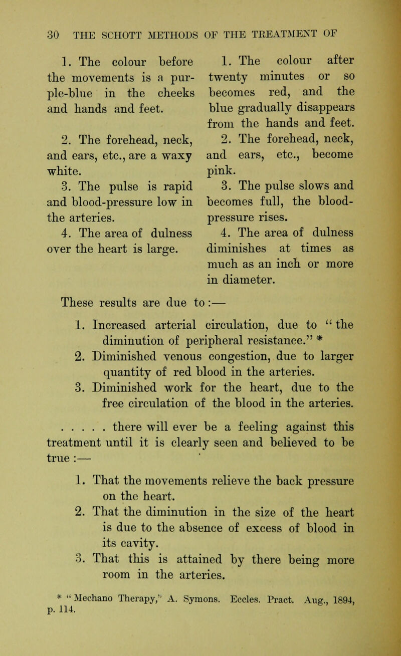 1. The colour before 1. The colour after the movements is a pur- twenty minutes or so pie-blue in the cheeks becomes red, and the and hands and feet. blue gradually disappears from the hands and feet. 2. The forehead, neck, 2. The forehead, neck, and ears, etc., are a waxy and ears, etc., become white. pink. 3. The pulse is rapid 3. The pulse slows and and blood-pressure low in becomes full, the blood- the arteries. pressure rises. 4. The area of dulness 4. The area of dulness over the heart is large. diminishes at times as much as an inch or more in diameter. These results are due to:— 1. Increased arterial circulation, due to  the diminution of peripheral resistance. * 2. Diminished venous congestion, due to larger quantity of red blood in the arteries. 3. Diminished work for the heart, due to the free circulation of the blood in the arteries. there will ever be a feeling against this treatment until it is clearly seen and believed to be true :— 1. That the movements relieve the back pressure on the heart. 2. That the diminution in the size of the heart is due to the absence of excess of blood in its cavity. 3. That this is attained by there being more room in the arteries. * Mechano Therapy, A. Symons. Eccles. Pract. Aug., 1894, p. 114.