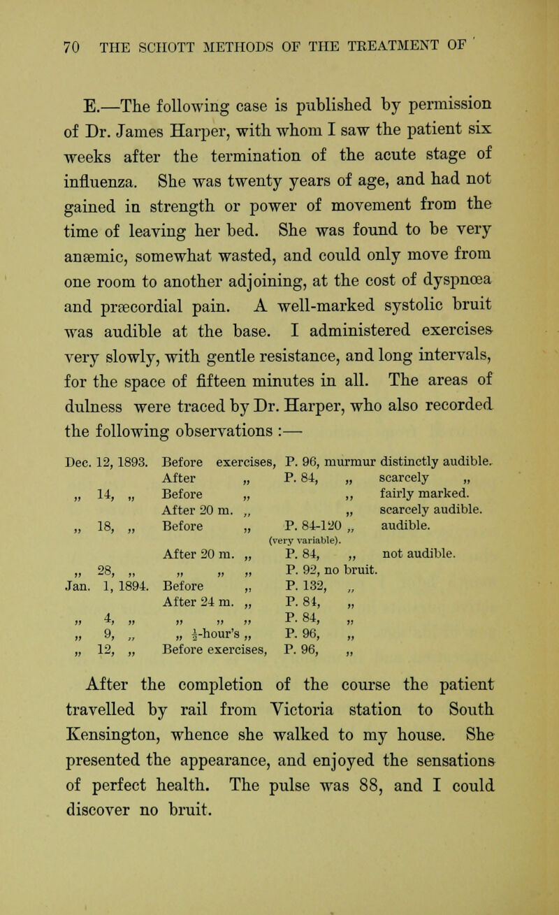 E.—The following case is published by permission of Dr. James Harper, with whom I saw the patient six weeks after the termination of the acute stage of influenza. She was twenty years of age, and had not gained in strength or power of movement from the time of leaving her bed. She was found to be very anaemic, somewhat wasted, and could only move from one room to another adjoining, at the cost of dyspnoea and precordial pain. A well-marked systolic bruit was audible at the base. I administered exercises very slowly, with gentle resistance, and long intervals, for the space of fifteen minutes in all. The areas of dulness were traced by Dr. Harper, who also recorded the following observations :— Dec. 12, 1893. Before exercises, P. 96, murmur distinctly audibli After it P. 84, „ scarcely „ it 14, »J Before After 20 m. ft J* It fairly marked, scarcely audible. tt 18, it Before it 0 P. 84-120 „ 'ery variable). audible. After 20 m. it P. 84, „ not audible. It 28, ti ii ii tt P. 92, no bruit Jan. 1, 1894. Before After 24 m. ti a P. 132, „ P. 84, „ a 4, „ tt v it P. 84, „ it 9, J7 „ ^-hour's • „ P. 96, „ it 12, „ Before exercises, P. 96, „ After the completion of the course the patient travelled by rail from Victoria station to South Kensington, whence she walked to my house. She presented the appearance, and enjoyed the sensations of perfect health. The pulse was 88, and I could discover no bruit.