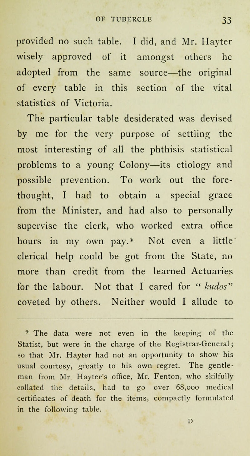 provided no such table. I did, and Mr. Hayter wisely approved of it amongst others he adopted from the same source—the original of every table in this section of the vital statistics of Victoria. The particular table desiderated was devised by me for the very purpose of settling the most interesting of all the phthisis statistical problems to a young Colony—its etiology and possible prevention. To work out the fore- thought, I had to obtain a special grace from the Minister, and had also to personally supervise the clerk, who worked extra office hours in my own pay.* Not even a little clerical help could be got from the State, no more than credit from the learned Actuaries for the labour. Not that I cared for  kudos coveted by others. Neither would I allude to * The data were not even in the keeping of the Statist, but were in the charge of the Registrar-General; so that Mr. Hayter had not an opportunity to show his usual courtesy, greatly to his own regret. The gentle- man from Mr Hayter's office, Mr. Fenton, who skilfully collated the details, had to go over 68,000 medical certificates of death for the items, compactly formulated in the following table. D