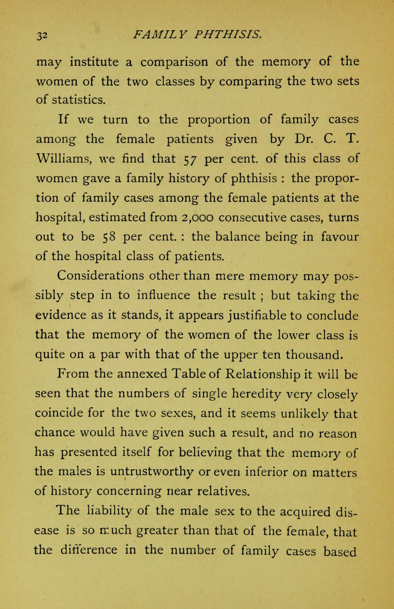may institute a comparison of the memory of the women of the two classes by comparing the two sets of statistics. If we turn to the proportion of family cases among the female patients given by Dr. C. T. Williams, we find that 57 per cent, of this class of women gave a family history of phthisis : the propor- tion of family cases among the female patients at the hospital, estimated from 2,000 consecutive cases, turns out to be 58 per cent. : the balance being in favour of the hospital class of patients. Considerations other than mere memory may pos- sibly step in to influence the result ; but taking the evidence as it stands, it appears justifiable to conclude that the memory of the women of the lower class is quite on a par with that of the upper ten thousand. From the annexed Table of Relationship it will be seen that the numbers of single heredity very closely coincide for the two sexes, and it seems unlikely that chance would have given such a result, and no reason has presented itself for believing that the memory of the males is untrustworthy or even inferior on matters of history concerning near relatives. The liability of the male sex to the acquired dis- ease is so much greater than that of the female, that the difference in the number of family cases based