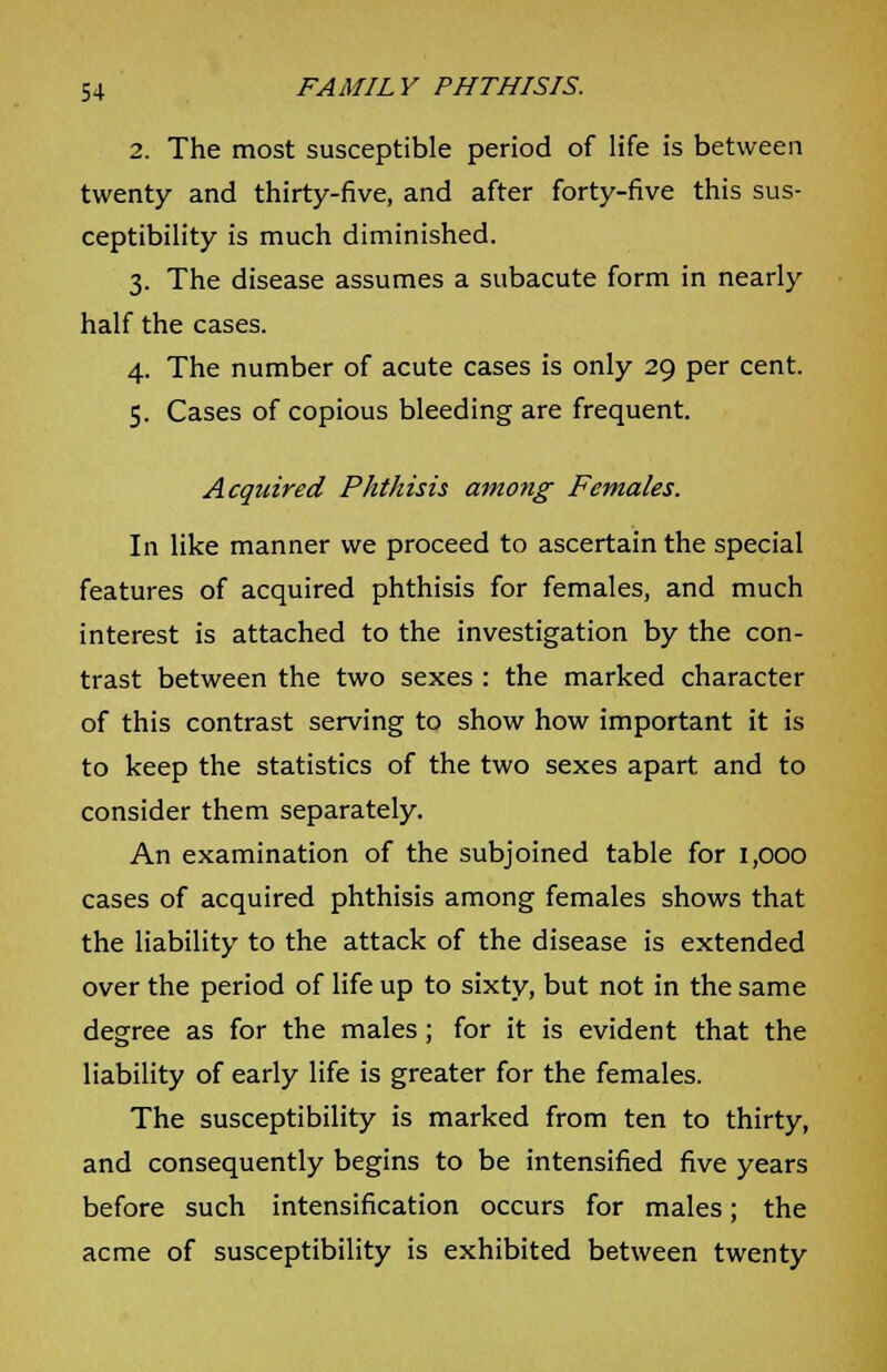 2. The most susceptible period of life is between twenty and thirty-five, and after forty-five this sus- ceptibility is much diminished. 3. The disease assumes a subacute form in nearly half the cases. 4. The number of acute cases is only 29 per cent. 5. Cases of copious bleeding are frequent. Acqzdred Phthisis among Females. In like manner we proceed to ascertain the special features of acquired phthisis for females, and much interest is attached to the investigation by the con- trast between the two sexes : the marked character of this contrast serving to show how important it is to keep the statistics of the two sexes apart and to consider them separately. An examination of the subjoined table for 1,000 cases of acquired phthisis among females shows that the liability to the attack of the disease is extended over the period of life up to sixty, but not in the same degree as for the males; for it is evident that the liability of early life is greater for the females. The susceptibility is marked from ten to thirty, and consequently begins to be intensified five years before such intensification occurs for males; the acme of susceptibility is exhibited between twenty