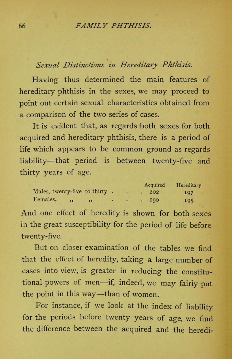 Sexual Distinctions in Hereditary Phthisis. Having thus determined the main features of hereditary phthisis in the sexes, we may proceed to point out certain sexual characteristics obtained from a comparison of the two series of cases. It is evident that, as regards both sexes for both acquired and hereditary phthisis, there is a period of life which appears to be common ground as regards liability—that period is between twenty-five and thirty years of age. Acquired Hereditary Males, twenty-five to thirty . . 202 197 Females, ,, ,, . I90 195 And one effect of heredity is shown for both sexes in the great susceptibility for the period of life before twenty-five. But on closer examination of the tables we find that the effect of heredity, taking a large number of cases into view, is greater in reducing the constitu- tional powers of men—if, indeed, we may fairly put the point in this way—than of women. For instance, if we look at the index of liability for the periods before twenty years of age, we find the difference between the acquired and the heredi-