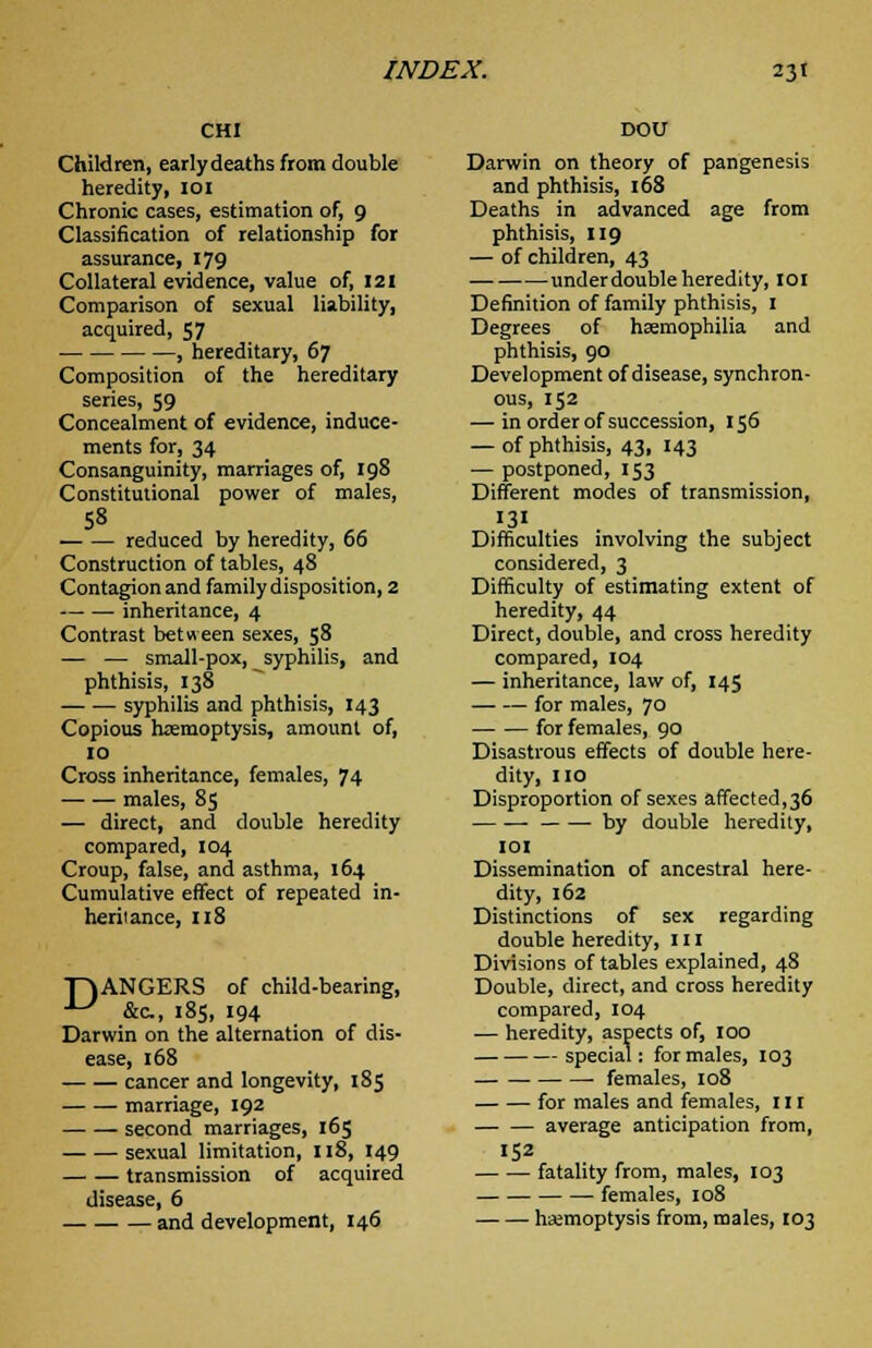 CHI Children, early deaths from double heredity, 101 Chronic cases, estimation of, 9 Classification of relationship for assurance, 179 Collateral evidence, value of, 121 Comparison of sexual liability, acquired, 57 , hereditary, 67 Composition of the hereditary series, 59 Concealment of evidence, induce- ments for, 34 Consanguinity, marriages of, 198 Constitutional power of males, 58 reduced by heredity, 66 Construction of tables, 48 Contagion and family disposition, 2 inheritance, 4 Contrast between sexes, 58 — — small-pox, syphilis, and phthisis, 138 syphilis and phthisis, 143 Copious haemoptysis, amount of, 10 Cross inheritance, females, 74 males, 85 — direct, and double heredity compared, 104 Croup, false, and asthma, 164 Cumulative effect of repeated in- heritance, 118 DANGERS of child-bearing, XJ &c, 185, 194 Darwin on the alternation of dis- ease, 168 cancer and longevity, 185 marriage, 192 second marriages, 165 sexual limitation, 118, 149 transmission of acquired disease, 6 and development, 146 DOU Darwin on theory of pangenesis and phthisis, 168 Deaths in advanced age from phthisis, 119 — of children, 43 under double heredity, 101 Definition of family phthisis, I Degrees of haemophilia and phthisis, 90 Development of disease, synchron- ous, 152 — in order of succession, 156 — of phthisis, 43, 143 — postponed, 153 Different modes of transmission, '3' . . Difficulties involving the subject considered, 3 Difficulty of estimating extent of heredity, 44 Direct, double, and cross heredity compared, 104 — inheritance, law of, 145 for males, 70 for females, 90 Disastrous effects of double here- dity, no Disproportion of sexes affected,36 ■ by double heredity, IOI Dissemination of ancestral here- dity, 162 Distinctions of sex regarding double heredity, III Divisions of tables explained, 48 Double, direct, and cross heredity compared, 104 — heredity, aspects of, loo special: for males, 103 females, 108 for males and females, III average anticipation from, 152 fatality from, males, 103 females, 108 haemoptysis from, males, 103