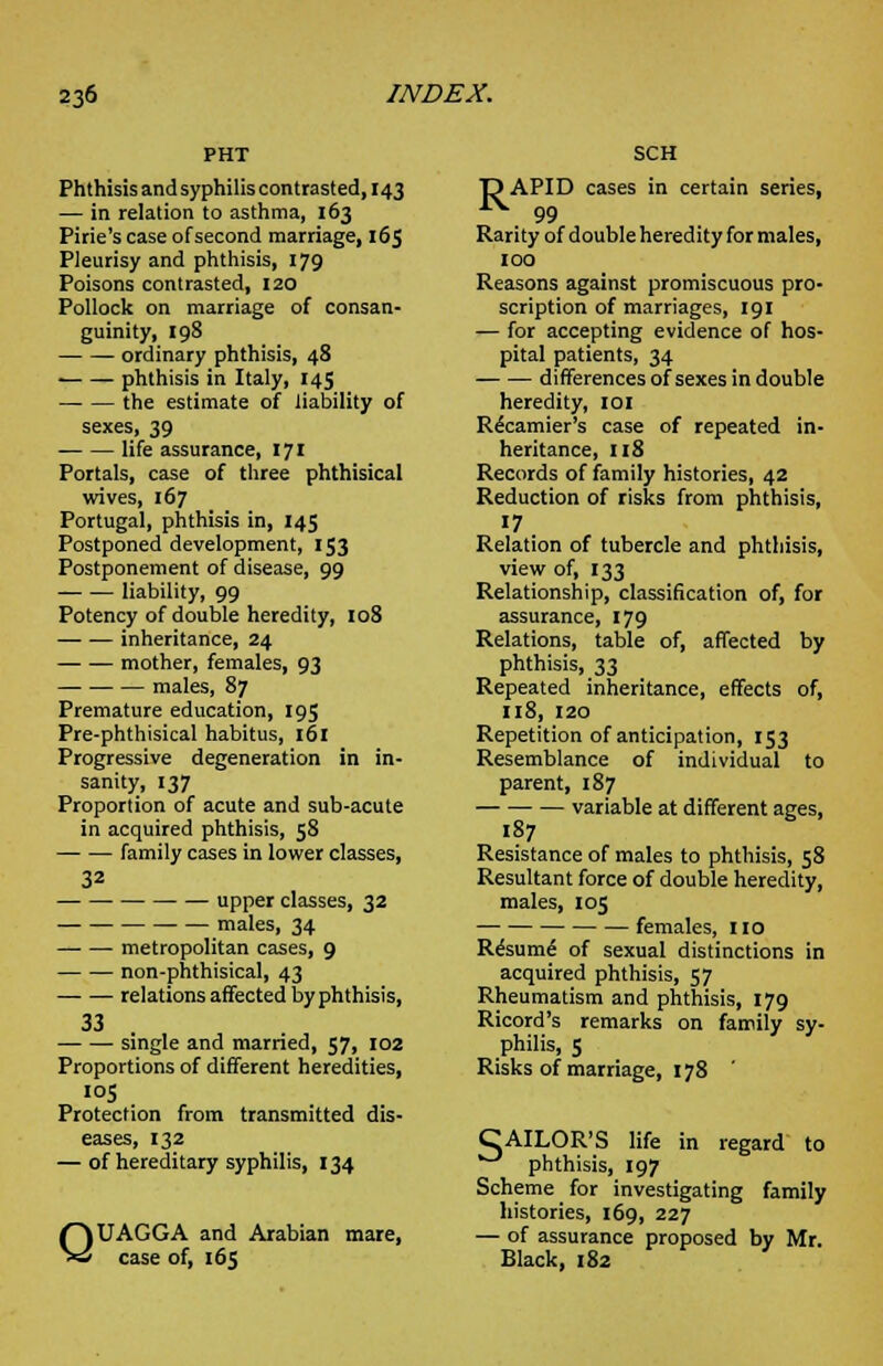 Phthisis andsyphilis contrasted, 143 — in relation to asthma, 163 Pirie'scase of second marriage, 165 Pleurisy and phthisis, 179 Poisons contrasted, 120 Pollock on marriage of consan- guinity, 198 ordinary phthisis, 48 ■ phthisis in Italy, 145 the estimate of liability of sexes, 39 life assurance, 171 Portals, case of three phthisical wives, 167 Portugal, phthisis in, 145 Postponed development, I S3 Postponement of disease, 99 liability, 99 Potency of double heredity, 108 inheritance, 24 mother, females, 93 males, 87 Premature education, 195 Pre-phthisical habitus, 161 Progressive degeneration in in- sanity, 137 Proportion of acute and sub-acute in acquired phthisis, 58 family cases in lower classes, 32 upper classes, 32 males, 34 metropolitan cases, 9 non-phthisical, 43 relations affected by phthisis, 33 single and married, 57, 102 Proportions of different heredities, 105 Protection from transmitted dis- eases, 132 — of hereditary syphilis, 134 QUAGGA and Arabian mare, case of, 165 SCH TDAPID cases in certain series, 1X 99 Rarity of double heredity for males, 100 Reasons against promiscuous pro- scription of marriages, 191 — for accepting evidence of hos- pital patients, 34 differences of sexes in double heredity, IOI Recamier's case of repeated in- heritance, 118 Records of family histories, 42 Reduction of risks from phthisis, 17. Relation of tubercle and phthisis, view of, 133 Relationship, classification of, for assurance, 179 Relations, table of, affected by phthisis, 33 Repeated inheritance, effects of, 118, 120 Repetition of anticipation, 153 Resemblance of individual to parent, 187 variable at different ages, 187 Resistance of males to phthisis, 58 Resultant force of double heredity, males, 105 females, 110 R&ume' of sexual distinctions in acquired phthisis, 57 Rheumatism and phthisis, 179 Ricord's remarks on family sy- philis, s Risks of marriage, 178 CAILOR'S life in regard to phthisis, 197 Scheme for investigating family histories, 169, 227 — of assurance proposed by Mr. Black, 182
