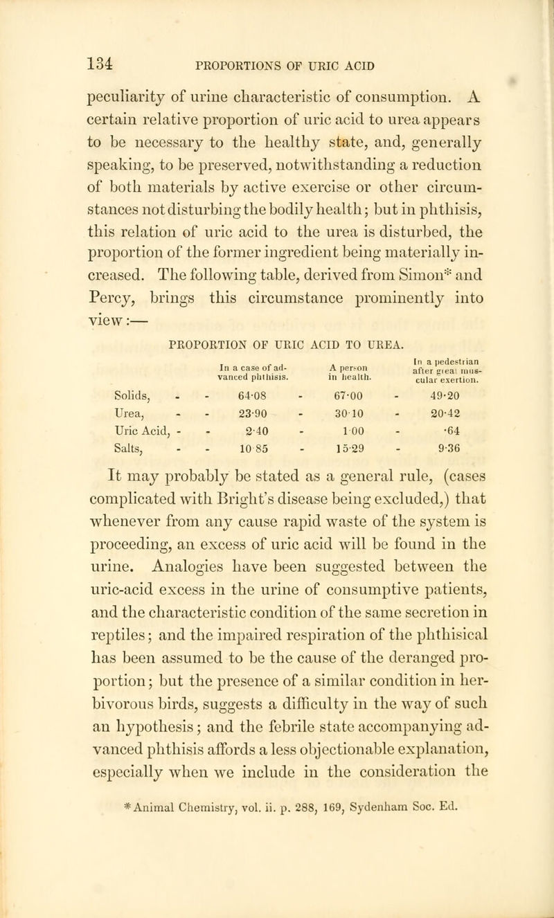 peculiarity of urine characteristic of consumption. A certain relative proportion of uric acid to urea appears to be necessary to the healthy state, and, generally speaking, to be preserved, notwithstanding a reduction of both materials by active exercise or other circum- stances not disturbing the bodily health; but in phthisis, this relation of uric acid to the urea is disturbed, the proportion of the former ingredient being materially in- creased. The following table, derived from Simon* and Percy, brings this circumstance prominently into view:— PROPORTION OF URIC ACID TO UREA. In a pedestrian afler gieai mus- cular exertion. 49-20 20-42 •64 9-36 It may probably be stated as a general rule, (cases complicated with Bright's disease being excluded,) that whenever from any cause rapid waste of the system is proceeding, an excess of uric acid will be found in the urine. Analogies have been suggested between the uric-acid excess in the urine of consumptive patients, and the characteristic condition of the same secretion in reptiles; and the impaired respiration of the phthisical has been assumed to be the cause of the deranged pro- portion ; but the presence of a similar condition in her- bivorous birds, suggests a difficulty in the way of such an hypothesis; and the febrile state accompanying ad- vanced phthisis affords a less objectionable explanation, especially when we include in the consideration the * Animal Chemistry, vol. ii. p. 288, 169, Sydenham Soc. Ed. In a case of ad- vanced phthisis. A perMin in health. Solids, - 64-08 67-00 Urea, - 23-90 3010 Uric Acid, - - 2-40 100 Salts, - 1085 1529