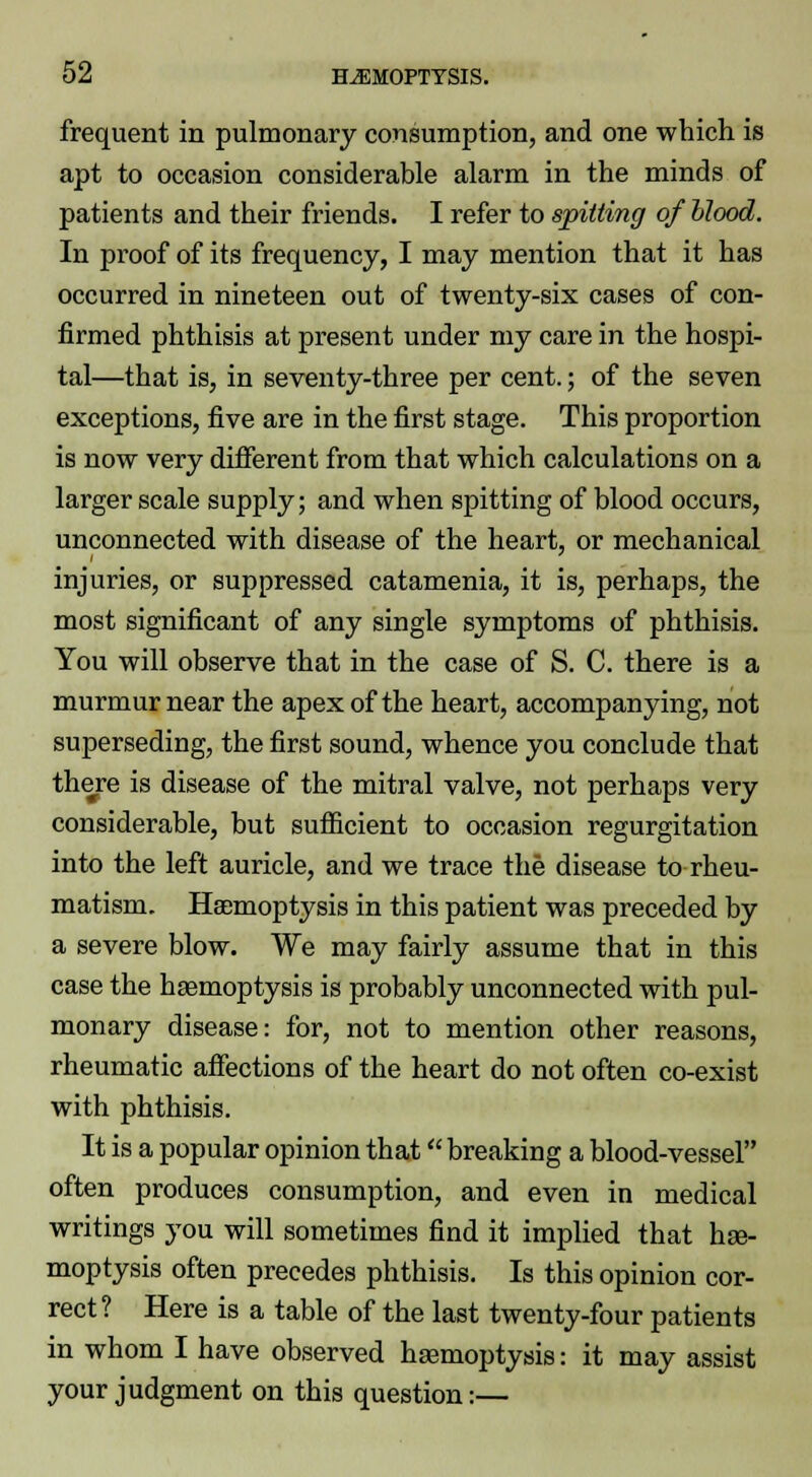 frequent in pulmonary consumption, and one which is apt to occasion considerable alarm in the minds of patients and their friends. I refer to spitting of blood. In proof of its frequency, I may mention that it has occurred in nineteen out of twenty-six cases of con- firmed phthisis at present under my care in the hospi- tal—that is, in seventy-three per cent.; of the seven exceptions, five are in the first stage. This proportion is now very different from that which calculations on a larger scale supply; and when spitting of blood occurs, unconnected with disease of the heart, or mechanical injuries, or suppressed catamenia, it is, perhaps, the most significant of any single symptoms of phthisis. You will observe that in the case of S. C. there is a murmur near the apex of the heart, accompanying, not superseding, the first sound, whence you conclude that there is disease of the mitral valve, not perhaps very considerable, but sufficient to occasion regurgitation into the left auricle, and we trace the disease to rheu- matism. Haemoptysis in this patient was preceded by a severe blow. We may fairly assume that in this case the haemoptysis is probably unconnected with pul- monary disease: for, not to mention other reasons, rheumatic affections of the heart do not often co-exist with phthisis. It is a popular opinion that breaking a blood-vessel often produces consumption, and even in medical writings you will sometimes find it implied that hae- moptysis often precedes phthisis. Is this opinion cor- rect? Here is a table of the last twenty-four patients in whom I have observed haemoptysis: it may assist your judgment on this question:—