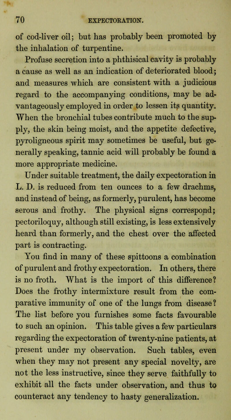 of cod-liver oil; but has probably been promoted by the inhalation of turpentine. Profuse secretion into a phthisical cavity is probably a cause as well as an indication of deteriorated blood; and measures which are consistent with a judicious regard to the accompanying conditions, may be ad- vantageously employed in order to lessen its quantity. When the bronchial tubes contribute much to the sup- ply, the skin being moist, and the appetite defective, pyroligneous spirit may sometimes be useful, but ge- nerally speaking, tannic acid will probably be found a more appropriate medicine. Under suitable treatment, the daily expectoration in L. D. is reduced from ten ounces to a few drachms, and instead of being, as formerly, purulent, has become serous and frothy. The physical signs correspond; pectoriloquy, although still existing, is less extensively heard than formerly, and the chest over the affected part is contracting. You find in many of these spittoons a combination of purulent and frothy expectoration. In others, there is no froth. What is the import of this difference? Does the frothy intermixture result from the com- parative immunity of one of the lungs from disease ? The list before you furnishes some facts favourable to such an opinion. This table gives a few particulars regarding the expectoration of twenty-nine patients, at present under my observation. Such tables, even when they may not present any special novelty, are not the less instructive, since they serve faithfully to exhibit all the facts under observation, and thus to counteract any tendency to hasty generalization.