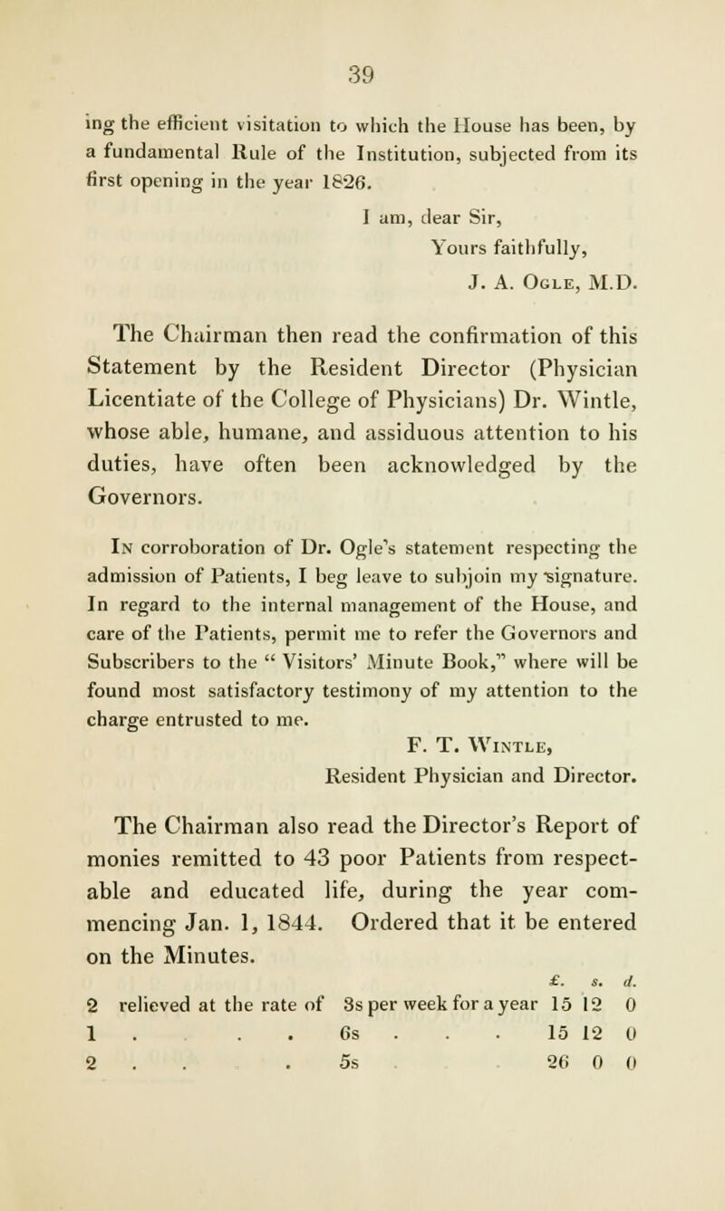 ing the efficient visitation to which the House has been, by a fundamental Rule of the Institution, subjected from its first opening in the year 1826. I am, clear Sir, Yours faithfully, J. A. Ogle, M.D. The Chairman then read the confirmation of this Statement by the Resident Director (Physician Licentiate of the College of Physicians) Dr. Wintle, whose able, humane, and assiduous attention to his duties, have often been acknowledged by the Governors. In corroboration of Dr. Ogle's statement respecting the admission of Patients, I beg leave to subjoin my signature. In regard to the internal management of the House, and care of the Patients, permit me to refer the Governors and Subscribers to the  Visitors' Minute Book, where will be found most satisfactory testimony of my attention to the charge entrusted to me. F. T. Wintle, Resident Physician and Director. The Chairman also read the Director's Report of monies remitted to 43 poor Patients from respect- able and educated life, during the year com- mencing Jan. 1, 1844. Ordered that it be entered on the Minutes. £. s. (I. 2 relieved at the rate of 3s per week for a year 15 12 0 1 . .. 6s ... 15 12 0 2 . . 5s 26 0 0