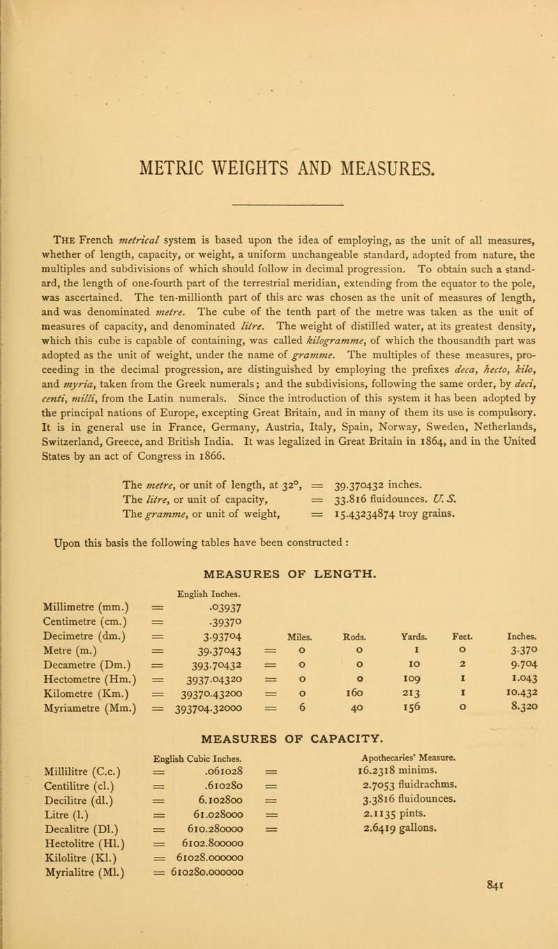 METRIC WEIGHTS AND MEASURES. The French metrical system is based upon the idea of employing, as the unit of all measures, whether of length, capacity, or weight, a uniform unchangeable standard, adopted from nature, the multiples and subdivisions of which should follow in decimal progression. To obtain such a stand- ard, the length of one-fourth part of the terrestrial meridian, extending from the equator to the pole, was ascertained. The ten-millionth part of this arc was chosen as the unit of measures of length, and was denominated metre. The cube of the tenth part of the metre was taken as the unit of measures of capacity, and denominated litre. The weight of distilled water, at its greatest density, which this cube is capable of containing, was called kilogramme, of which the thousandth part was adopted as the unit of weight, under the name of gramme. The multiples of these measures, pro- ceeding in the decimal progression, are distinguished by employing the prefixes deca, hecto, kilo, and myria, taken from the Greek numerals; and the subdivisions, following the same order, by deci, centi, milli, from the Latin numerals. Since the introduction of this system it has been adopted by the principal nations of Europe, excepting Great Britain, and in many of them its use is compulsory. It is in general use in France, Germany, Austria, Italy, Spain, Norway, Sweden, Netherlands, Switzerland, Greece, and British India. It was legalized in Great Britain in 1864, and in the United States by an act of Congress in 1866. The metre, or unit of length, at 320, The litre, or unit of capacity, The gramme, or unit of weight, 39-370432 inches. 33.816 fluidounces. U.S. 15.43234874 troy grams. Upon this basis the following tables have been constructed : MEASURES OF LENGTH. English Inches. Millimetre (mm.) = .03937 Centimetre (cm.) = •39370 Decimetre (dm.) = 3-93704 Miles. Rods. Yards. Feet. Inches. Metre (m.) = 39-37043 = O O I O 3-370 Decametre (Dm.) = 393.70432 = O O IO 2 9.704 Hectometre (Hm.) = 3937.04320 = O O IO9 I I.043 Kilometre (Km.) = 39370.4320O = O l6o 213 I IO.432 Myriametre (Mm.) = 393704-32°oo = 6 40 156 O 8.32O MEASURES OF CAPACITY. English Cubic Inches. Apothecaries' Measure. Millilitre (C.c.) = .061028 = 16.2318 minims. Centilitre (cl.) = .610280 = 2.7053 fluidrachms. Decilitre (dl.) = 6.102800 = 3.3816 fluidounces. Litre (1.) = 61.028000 = 2.1135 pints. Decalitre (Dl.) = 610.280000 = 2.6419 gallons. Hectolitre (HI.) = 6102.800000 Kilolitre (Kl.) = 61028.000000 Myrialitre (Ml.) == 610280.000000