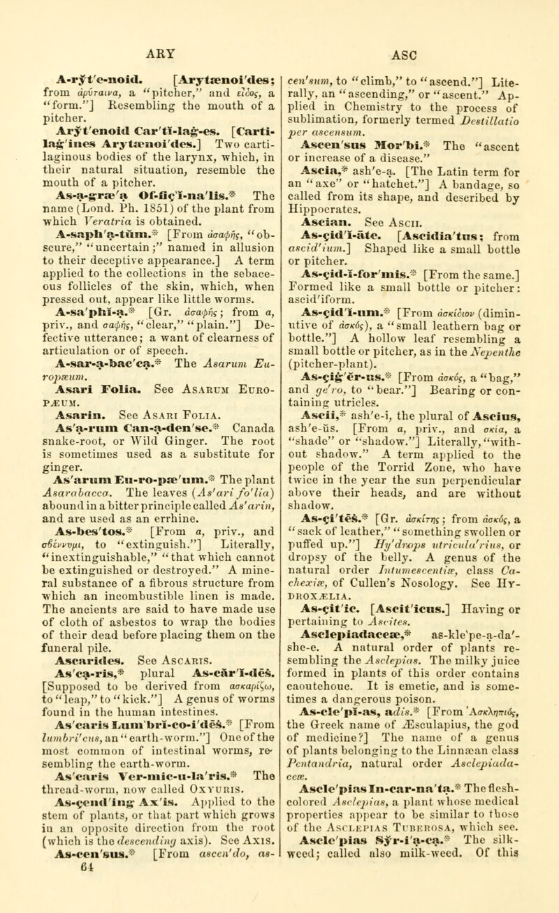 A-ryt'e-noid. [Arytaenoi'des; from dpiraiva, a pitcher, and £?<fo$, a form.] Resembling the mouth of a pitcher. Arytenoid Car'ti-lag-es. [Carti- lag'ines Arytaenoi'des.] Two carti- laginous bodies of the larynx, which, in their natural situation, resemble the mouth of a pitcher. As-a-grae'a ©f-fici-na'lis.* The name (Lond. Ph. 1851) of the plant from which Veratria is obtained. A-sapli'a-tum.* [From dacxpiis, ob- scure, uncertain; named in allusion to their deceptive appearance.] A term applied to the collections in the sebace- ous follicles of the skin, which, when pressed out, appear like little worms. A-sa'phi-a.* [Gr. daa^fig • from a, priv., and oa<pf)s, clear, plain.] De- fective utterance; a want of clearness of articulation or of speech. A-sar-a-bac'ca.* The Asarum Eu- ropzeum. Asari Folia. See Asarum Euro- pium. Asarin. See Asari Folia. Asa-rum Can-a-den'se.* Canada snake-root, or Wild Ginger. The root is sometimes used as a substitute for ginger. As'arum Eu-ro-pae'um.* The plant Anarabaccci. The leaves (As'ari fo'lia) abound in a bitter principle called As'arin, and are used as an errhine. As-foes'tos.* [From a, priv., and cSkwvfii, to extinguish.] Literally, inextinguishable, that which cannot be extinguished or destroyed. A mine- ral substance of a fibrous structure from which an incombustible linen is made. The ancients are said to have made use of cloth of asbestos to wrap the bodies of their dead before placing them on the funeral pile. Ascarides. See Ascaris. As'ca-ris,* plural As-c&r'I-des. [Supposed to be derived from aa^a/v^w, to  leap, to  kick.] A genus of worms found in the human intestines. As'caris Lum bri-co-i'deS.* [From la mbri'cue, an  earth-worm.] One of the most common of intestinal worms, re- sembling the earth-worm. As'caris Ver-mic-u-la'ris.* The thread-worm, now called Oxvuris. As-^eiid'iiag- Ax'is. Applied to the stem of plants, or that part which grows in an opposite direction from the root (which is the descending axis). See Axis. is-cniMh. [From asccn'do, oa- 64 cen'sum, to climb, to ascend.] Lite- rally, an ascending, or ascent. Ap- plied in Chemistry to the process of sublimation, formerly termed Bestillatio per asceiisum. Ascen'sus Mor'hi.* The ascent or increase of a disease. Ascia,* ash'e-a. [The Latin term for an axe or hatchet.] A bandage, so called from its shape, and described by Hippocrates. Ascian. See Ascn. As-cid I-atc. [Ascidia'tus; from ctscid'ium.] Shaped like a small bottle or pitcher. As-cjd-i-for'mis.* [From the same.] Formed like a small bottle or pitcher: ascid'iform. As-citl'I-uni.* [From doKiSiov (dimin- utive of daKOi), a small leathern bag or bottle.] A hollow leaf resembling a small bottle or pitcher, as in the Nepenthe (pitcher-plant). As-cig'er-us.:i: [From d<rvdf, a bag, and ge'ro, to bear.] Bearing or con- taining utricles. Ascii,* ash'e-i, the plural of Ascitis, ash'e-iis. [From a, priv., and oxia, a shade or shadow.] Literally, with- out shadow. A term applied to the people of the Torrid Zone, who have twice in the year the sun perpendicular above their heads, and are without shadow. As-c4'tes.* [Gr. daKiTw, from doxos, a  sack of leather,  something swollen or puffed up.] Hy'drops utricula'rius, or dropsy of the belly. A genus of the natural order Intumescentise, class Ca- chexiee, of Cullen's Nosology. See Hr- DROXJCLIA. As-cit'ic. [Ascit'icus.] Having or pertaining to Astiten. Asclepiadaceae,* as-klevpe-a-da'- she-e. A natural order of plants re- sembling the Asclepios. The milky juice formed in plants of this order contains caoutchouc. It is emetic, and is some- times a dangerous poison. As-cle'pl-as, adis* [From 'AoxX^f^, the Greek name of ^Esculapius, the god of medicine?] The name of a genus of plants belonging to the Linnaoan class Pentandria, natural order Asclepiada- cese. Asclc'pias In-car-na'ta.* The flesh- colored Asclepias, a plant whose medical properties appear to be similar to tho>o of the ASCLEPIAS Ttberosa, which see. Asclc'pias Syr-i'a-ca.* The silk- weed; called also milk-weed. Of this