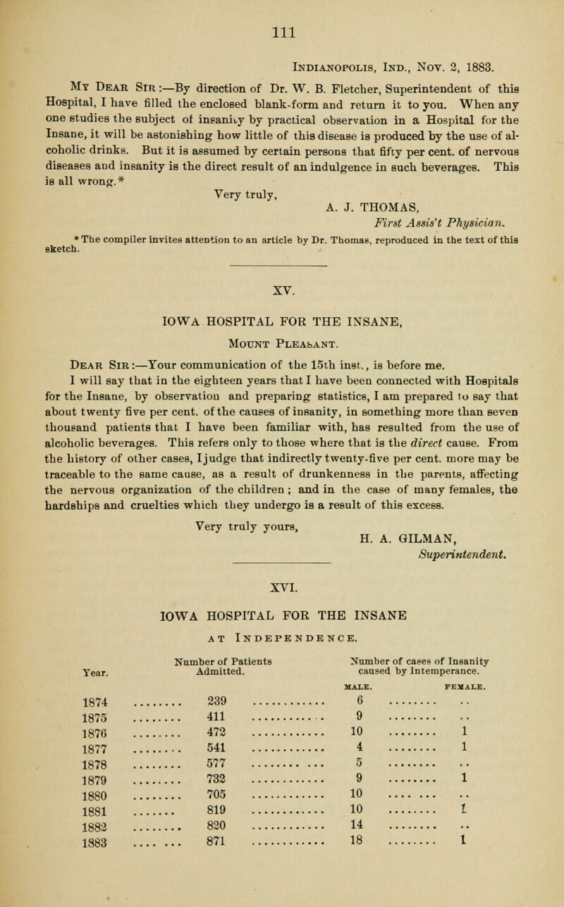 Indianofolis, Ind., Not. 2, 1883. My Dear Sir :—By direction of Dr. W. B. Fletcher, Superintendent of this Hospital, I have filled the enclosed hlank-form and return it to you. When any one studies the subject of insanity by practical observation in a Hospital for the Insane, it will be astonishing how little of this disease is produced by the use of al- coholic drinks. But it is assumed by certain persons that fifty per cent, of nervous diseases and insanity is the direct result of an indulgence in such beverages. This is all wrong.* Very truly, A. J. THOMAS, First Assis't Physician. * The compiler invites attention to an article by Dr. Thomas, reproduced in the text of this sketch. XV. IOWA HOSPITAL FOR THE INSANE, Mount PLEAbANT. Dear Sir :—Tour communication of the 15th inst., is before me. I will say that in the eighteen years that I have been connected with Hospitals for the Insane, by observation and preparing statistics, I am prepared to say that about twenty five per cent, of the causes of insanity, in something more than seveD thousand patients that I have been familiar with, has resulted from the use of alcoholic beverages. This refers only to those where that is the direct cause. From the history of other cases, I judge that indirectly twenty-five per cent, more may be traceable to the same cause, as a result of drunkenness in the parents, affecting the nervous organization of the children ; and in the case of many females, the hardships and cruelties which they undergo is a result of this excess. Very truly yours, H. A. OILMAN, Superintendent. XVI. IOWA HOSPITAL FOR THE INSANE at Independence. Number of Patients Number of caees of Insanity Year. Admitted. caused by Intemperance. HALE. FEMALE. 1874 239 6 1875 411 9 1876 472 10 1 1877 541 4 1 1878 577 5 1879 732 9 1 1880 705 10 1881 819 10 I 1882 820 14 1883 871 18 1