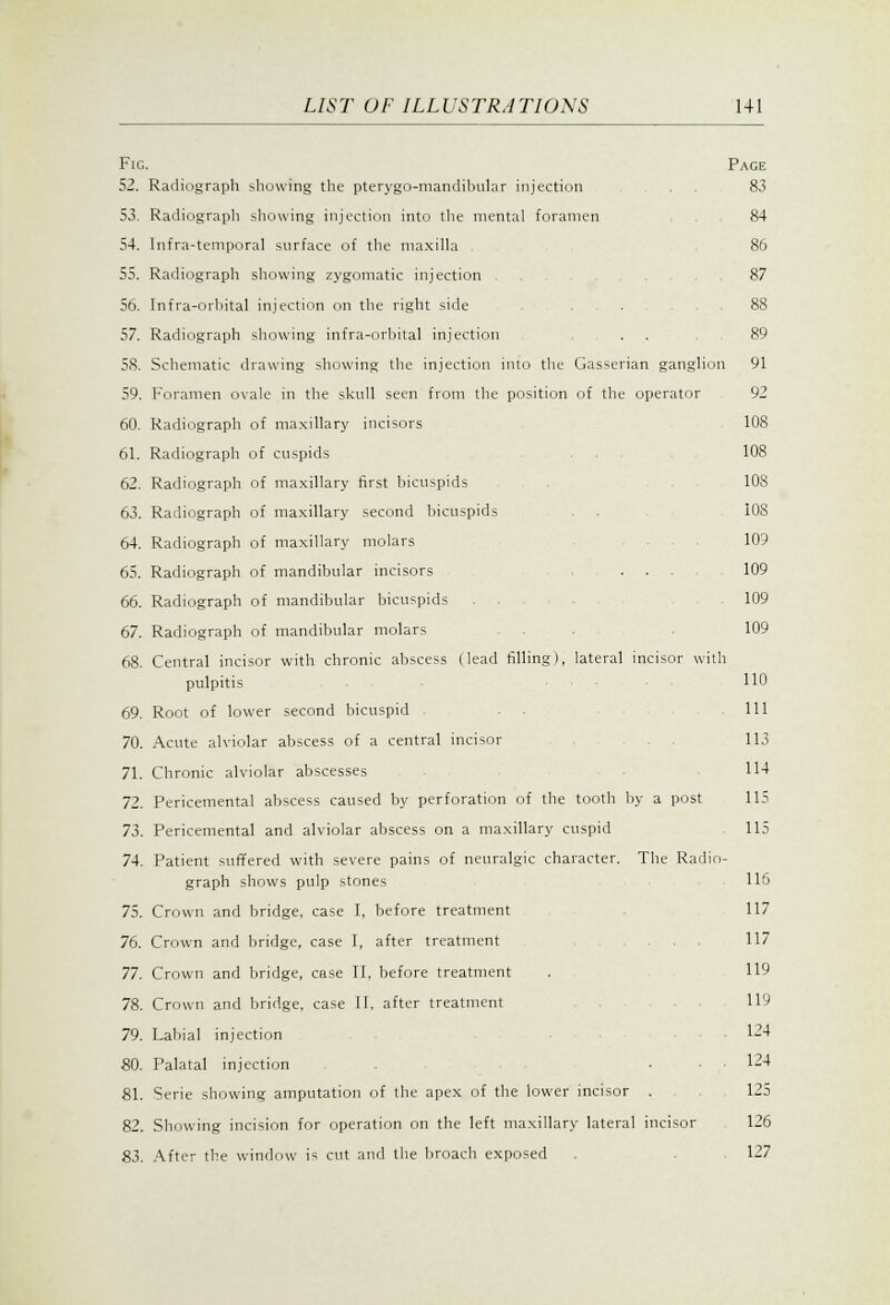 Fig. Page 52. Radiograph showing the pterygo-mandihular injection , . . 83 53. Radiograph showing injection into the mental foramen ... 84 54. Infra-temporal snrface of the maxilla 86 55. Radiograph showing zygomatic injection 87 56. Infra-orbital injection on the right side 88 57. Radiograph showing infra-orbital injection , . . 89 58. Schematic drawing showing the injection into the Gasscrian ganglion 91 59. Foramen ovale in the sknll seen from the position of the operator 92 60. Radiograph of maxillary incisors 108 61. Radiograph of cuspids 108 62. Radiograph of maxillary first bicuspids 108 63. Radiograph of maxillary second bicuspids . . 108 64. Radiograph of maxillary molars , , . 109 65. Radiograph of mandibular incisors , . . . 109 66. Radiograph of mandibular bicuspids 109 67. Radiograph of mandibular molars . 109 68. Central incisor with chronic abscess (lead filling), lateral incisor with pulpitis 110 69. Root of lower second bicuspid . . Ill 70. Acute alviolar abscess of a central incisor .113 71. Chronic alviolar abscesses 114 72. Pericemental abscess caused by perforation of the tooth by a post 115 73. Pericemental and alviolar abscess on a maxillary cuspid 115 74. Patient suffered with severe pains of neuralgic character. The Radio- graph shows pulp stones 115 75. Crown and bridge, case I, before treatment 117 76. Crown and bridge, case I, after treatment . . 117 77. Crown and Ijridge, case II, before treatment . . 119 78. Crown and liridge, case II. after treatment . 119 79. Labial injection , . 124 80. Palatal injection ... 124 81. Serie showing amputation of the apex of the lower incisor . 125 82. Showing incision for operation on the left maxillary lateral incisor 126 83. After the window is cut and the broach exposed . . . 127