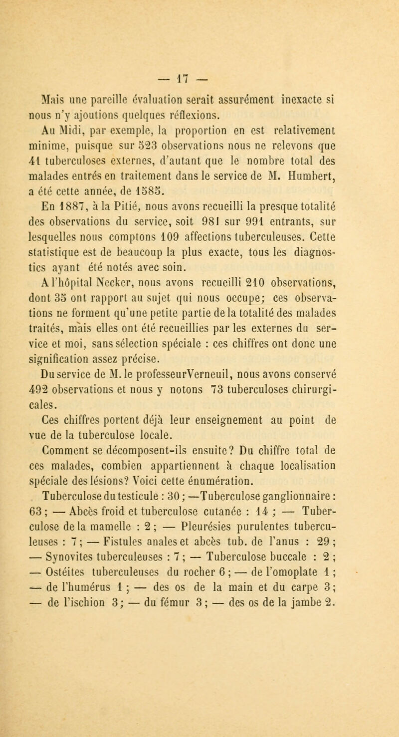 Mais une pareille évaluation serait assurément inexacte si nous n'y ajoutions quelques réflexions. Au Midi, par exemple, la proportion en est relativement minime, puisque sur 523 observations nous ne relevons que 41 tuberculoses externes, d'autant que le nombre total des malades entrés en traitement dans le service de M. Humbert, a été cette année, de 1585. En 1887, à la Pitié, nous avons recueilli la presque totalité des observations du service, soit 981 sur 991 entrants, sur lesquelles nous comptons 109 affections tuberculeuses. Cette statistique est de beaucoup la plus exacte, tous les diagnos- tics ayant été notés avec soin. A l'hôpital Necker, nous avons recueilli 210 observations, dont 35 ont rapport au sujet qui nous occupe; ces observa- tions ne forment qu'une petite partie de la totalité des malades traités, mais elles ont été recueillies par les externes du ser- vice et moi, sans sélection spéciale : ces chiffres ont donc une signification assez précise. Du service de M. le professeurVerneuil, nous avons conservé 492 observations et nous y notons 73 tuberculoses chirurgi- cales. Ces chiffres portent déjà leur enseignement au point de vue de la tuberculose locale. Comment se décomposent-ils ensuite? Du chiffre total de ces malades, combien appartiennent à chaque localisation spéciale des lésions? Voici cette énumération. Tuberculose du testicule : 30 ; —Tuberculose ganglionnaire : 63 ; — Abcès froid et tuberculose cutanée : 14 ; — Tuber- culose de la mamelle : 2 ; — Pleurésies purulentes tubercu- leuses : 7; — Fistules anales et abcès tub. de l'anus : 29 — Synovites tuberculeuses : 7 ; — Tuberculose buccale : 2 — Ostéites tuberculeuses du rocher 6 ; — de l'omoplate 1 — de l'humérus 1 ; — des os de la main et du carpe 3 — de l'ischion 3; — du fémur 3 ; — des os de la jambe 2.