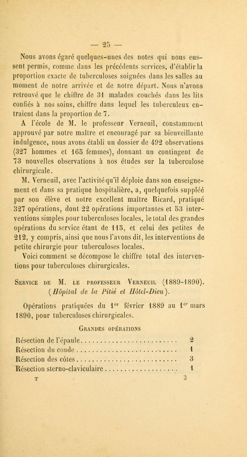 Nous avons égaré quelques-unes des notes qui nous eus- sent permis, comme dans les précédents services, (rétablir la proportion exacte de tuberculoses soignées dans les salles au moment de notre arrivée et de notre départ. Nous n'avons retrouvé que le chiffre de 31 malades couchés dans les lits confiés à nos soins, chiffre dans lequel les tuberculeux en- traient dans la proportion de 7. A l'école de M. le professeur Verneuil, constamment approuvé par notre maître et encouragé par sa bienveillante indulgence, nous avons établi un dossier de 492 observations (327 hommes et 165 femmes), donnant un contingent de 73 nouvelles observations à nos éludes sur la tuberculose chirurgicale. M. Verneuil, avec l'activité qu'il déploie dans son enseigne- ment et dans sa pratique hospitalière, a, quelquefois suppléé par son élève et notre excellent maître Ricard, pratiqué 327 opérations, dont 22 opérations importantes et 53 inter- ventions simples pour tuberculoses locales, le total des grandes opérations du service étant de 115, et celui des petites de 212, y compris, ainsi que nous l'avons dit, les interventions de petite chirurgie pour tuberculoses locales. Voici comment se décompose le chiffre total des interven- tions pour tuberculoses chirurgicales. Service de M. le professeur Verneuil (1889-1890). (Hôpital de la Pitié et Hôtel-Dieu). Opérations pratiquées du 1er février 1889 au 1er mars 1890, pour tuberculoses chirurgicales. Grandes opérations Résection de l'épaule 2 Résection du coude 1 Résection des côtes 3 Résection sterno-claviculaire 1 t 3