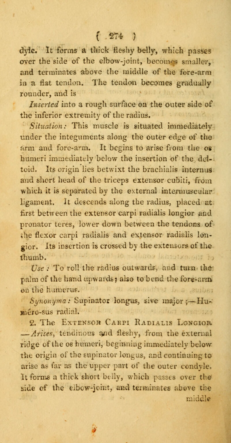 clyie. It forms a thick fleshy belly, which passes over the side of the elbow-joint, becomes smaller, and terminates above the middle of the fore-arm in a flat tendon. The tendon becomes gradually rounder, and is Inserted into a rough surface on the outer side of the inferior extremity of the radius. Situation: This muscle is situated immediately under the integuments along the outer edge of the arm and fore-arm. It begins to arise from the os humeri immediately below the insertion of the del- toid. Its origin lies betwixt the brachialis internus and short head of the triceps extensor cubiti, from which it is separated by the external intermuscular ligament. It descends along the radius, placed at first between the extensor carpi radialis longior and pronator teres, lower down between the tendons of ;he flexor carpi radialis and extensor radialis lon- gior. Its insertion is crossed by the extensors of the thumb. Use : To roll the radius outwards, and turn the* palm of the hand upwards5 also to bend the fore-arm on the humerus. Synonyma: Supinator longus, sive major ;—Hu- Biero-sus radial. 2. The Exteksou Carpi Radialis Longior — Arises, tendinous a^d fleshy, from the external ridge of the os humeri, beginning immediately below the origin of the supinator longus, and continuing to arise as far as the upper part of the outer condyle. It forms a thick short belly, which passes over the side of the eibcw-joint, and terminates above the