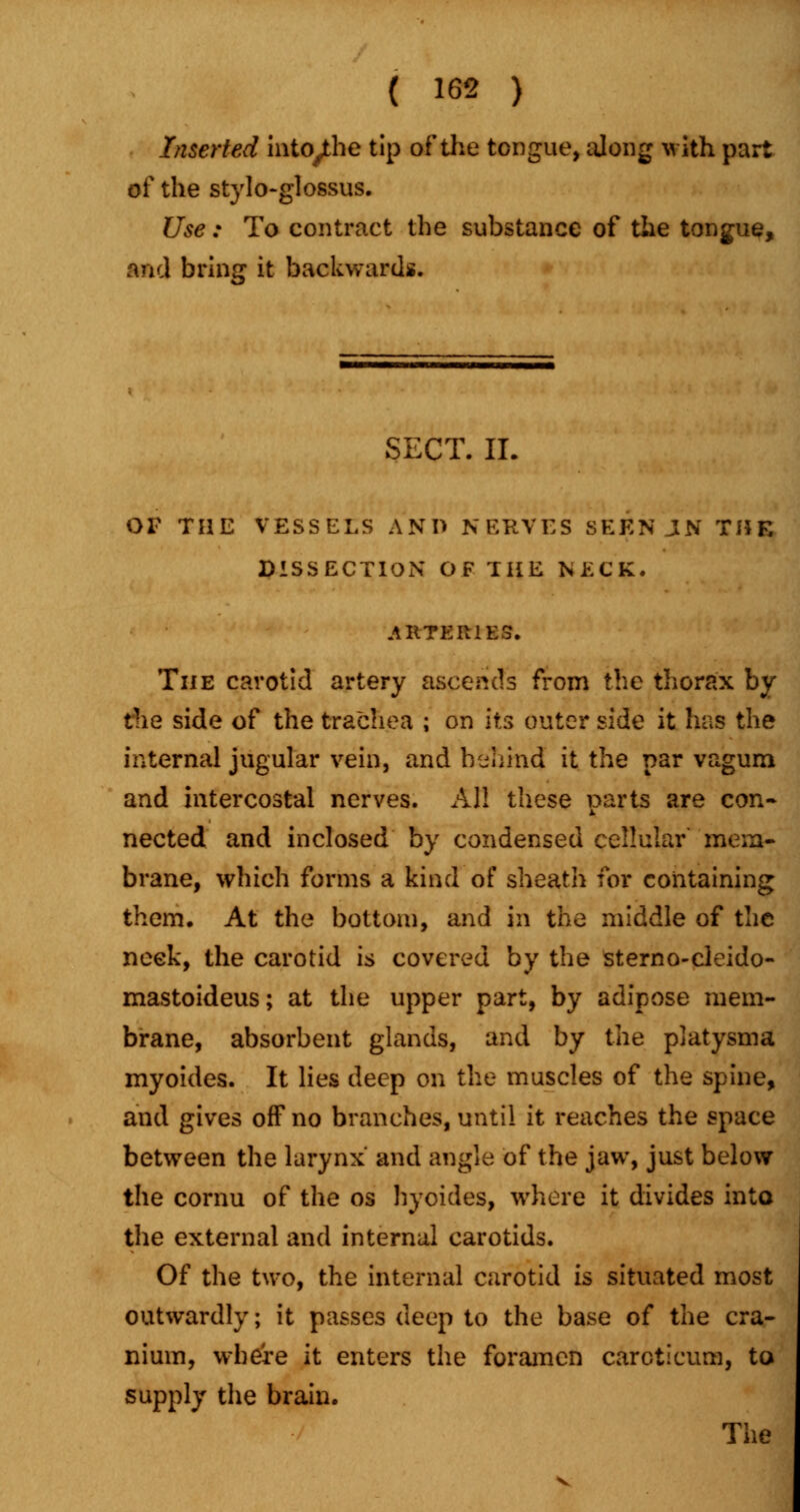 Inserted into^he tip of the tongue, along with part of the stylo-glossus. Use : To contract the substance of the tongue, and bring it backwards. SECT. II. OF THE VESSELS AND NERVES SEEN JIN THE DISSECTION OF THE NECK. .UITER1E3. The carotid artery a&cencfs from the thorax by the side of the trachea ; on its outer side it has the internal jugular vein, and behind it the par vagum and intercostal nerves. All these parts are con- nected and inclosed by condensed cellular mem- brane, which forms a kind of sheath for containing them. At the bottom, and in the middle of the neek, the carotid is covered by the sterno-cleido- mastoideus; at the upper part, by adipose mem- brane, absorbent glands, and by the platysma myoides. It lies deep on the muscles of the spine, and gives off no branches, until it reaches the space between the larynx' and angle of the jaw, just below the cornu of the os hyoides, where it divides into the external and internal carotids. Of the two, the internal carotid is situated most outwardly; it passes deep to the base of the cra- nium, where it enters the foramen carcticum, to supply the brain. The