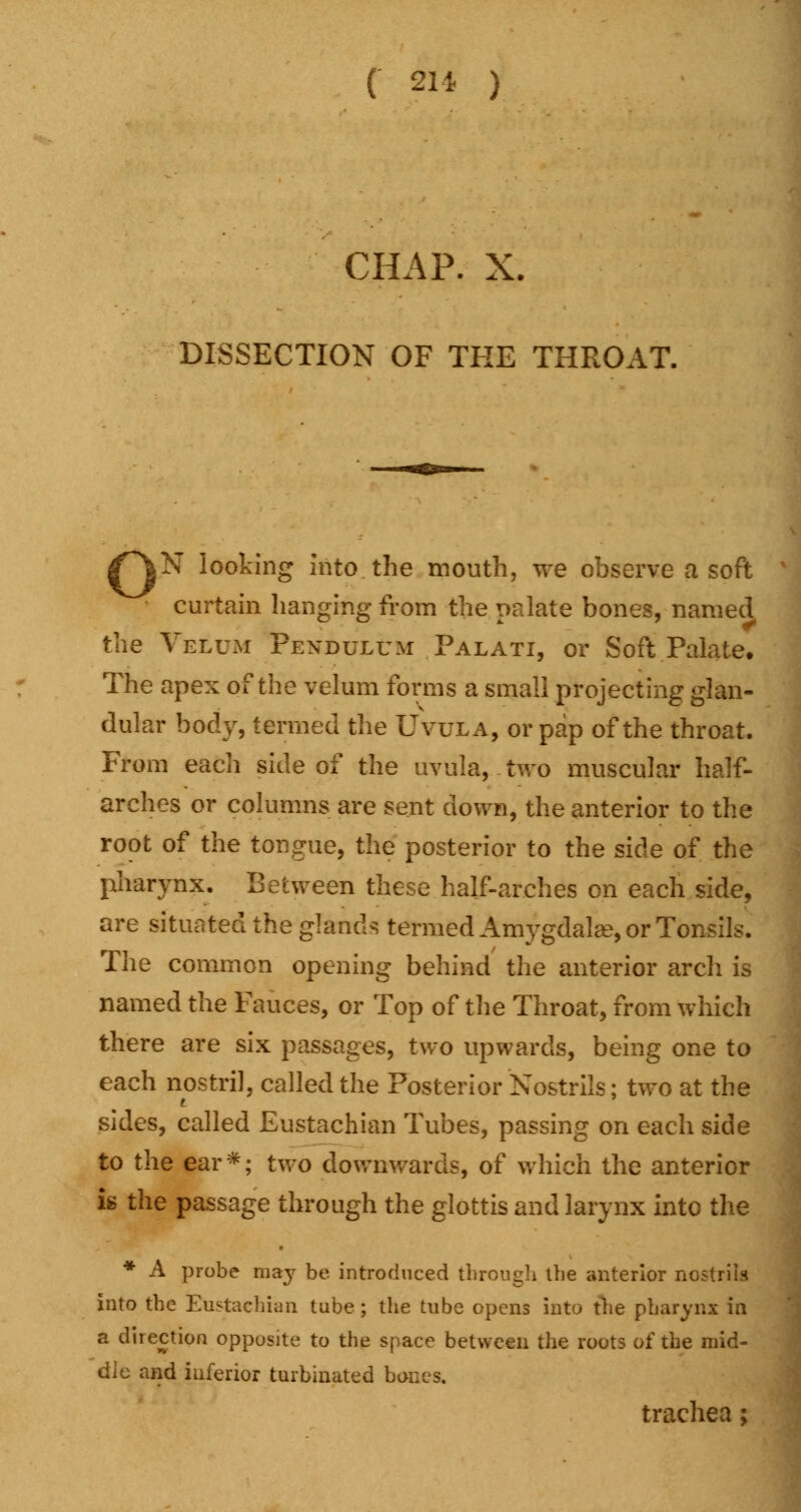 CHAP. X. DISSECTION OF THE THROAT. /^VN looking into the mouth, we observe a soft curtain hanging from the palate bones, named the Velum Pendulum Palati, or Soft Palate. The apex of the velum forms a small projecting glan- dular body, termed the Uvula, or pap of the throat. From each side of the uvula, two muscular half- arches or columns are sent down, the anterior to the root of the tongue, the posterior to the side of the pharynx. Between these half-arches on each side, are situated the glands termed Amygdalae, or Tonsils. The common opening behind the anterior arch is named the Fauces, or Top of the Throat, from which there are six passages, two upwards, being one to each nostril, called the Posterior Nostrils; two at the sides, called Eustachian Tubes, passing on each side to the ear*; two downwards, of which the anterior is the passage through the glottis and larynx into the * A probe may be introduced through the anterior nostrils into the Eustachian tube; the tube opens into the pharynx ID a direction opposite to the space between the roots of the mid- dle and inferior turbinated bones. trachea;