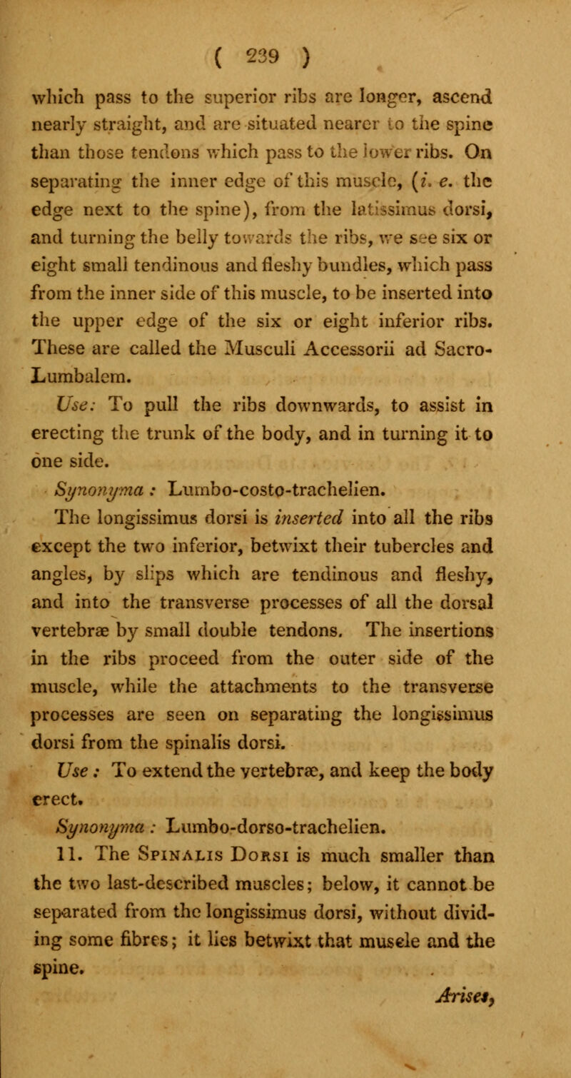 which pass to the superior ribs are longer, ascend nearly straight, and are situated nearer io the spine than those tendons which pass to the lower ribs. On separating the inner edge of this muscle, (z. e. the edge next to the spine), from the latissimus dorsi, and turning the belly to i ribs, we see six or eight small tendinous and fleshy bundles, which pass from the inner side of this muscle, to be inserted into the upper edge of the six or eight inferior ribs. These are called the Musculi Accessorii ad Sacro- Lumbalem. Use: To pull the ribs downwards, to assist in erecting the trunk of the body, and in turning it to one side. Synonyma : Lumbo-costo-trachelien. The longissimus dorsi is inserted into all the ribs except the two inferior, betwixt their tubercles and angles, by slips which are tendinous and fleshy, and into the transverse processes of all the dorsal vertebrae by small double tendons. The insertions in the ribs proceed from the outer side of the muscle, while the attachments to the transverse processes are seen on separating the longissimus dorsi from the spinalis dorsi. Use: To extend the vertebrae, and keep the body erect. Synonyma: Lumbo-dorso-trachelien. 11. The Spinalis Dorsi is much smaller than the two last-described muscles; below, it cannot be separated from the longissimus dorsi, without divid- ing some fibres; it lies betwixt that musele and the spine. Arise*,